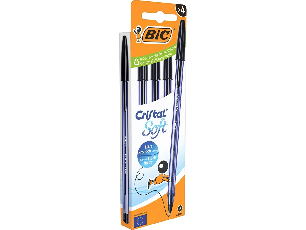 Penna Bic Cristal Soft a sfera colore nero, tratto 1.2 mm, confezione 4 pezzi