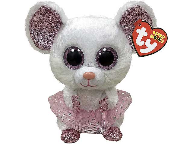 Peluche Ty Beanie Boos Nina Topolina Ballerina con occhioni zampine orecchie e tutù rosa glitterati bianco 15 cm