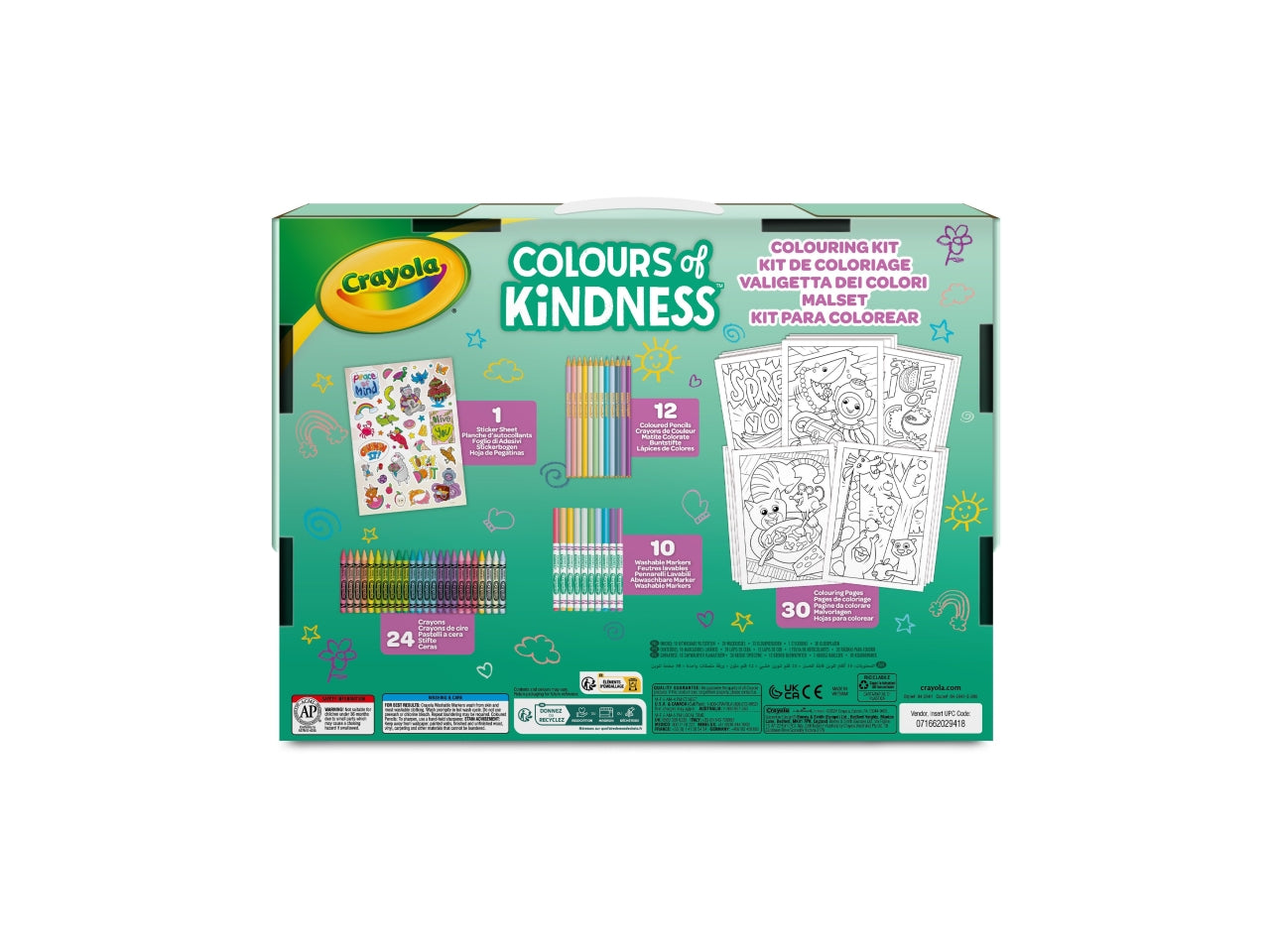 Valigetta dei Colori Colours of Kindness - Multicolor, 31,3x3,5x22,5 cm, 547 gr, Carta, Certificato CE, Unisex, Età 4+, 10 Pennarelli Lavabili Punta Fine, 24 Pastelli a Cera, 12 Matite Colorate, 30 Pagine da Colorare, 1 Foglio di Adesivi | Crayola