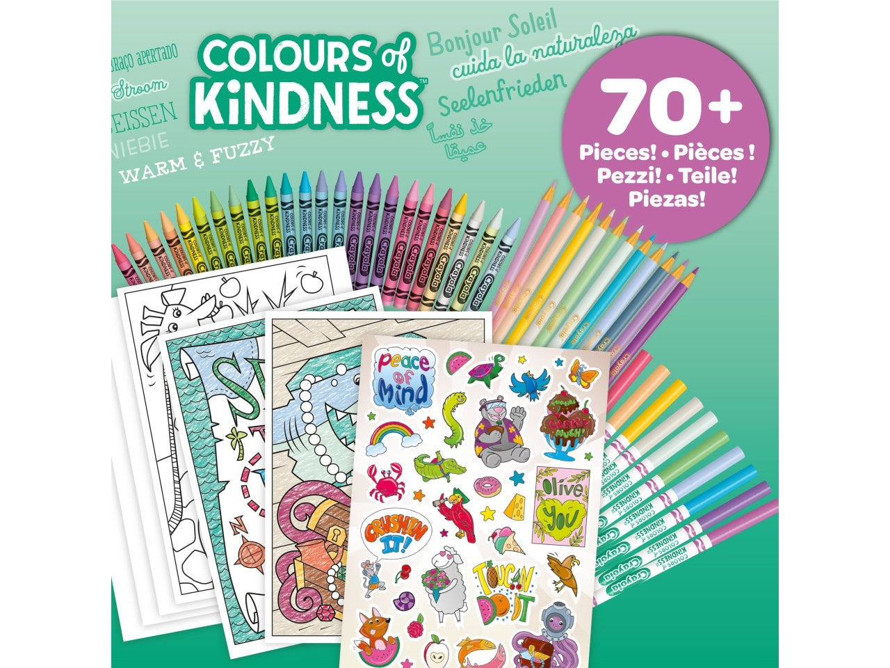 Valigetta dei Colori Colours of Kindness - Multicolor, 31,3x3,5x22,5 cm, 547 gr, Carta, Certificato CE, Unisex, Età 4+, 10 Pennarelli Lavabili Punta Fine, 24 Pastelli a Cera, 12 Matite Colorate, 30 Pagine da Colorare, 1 Foglio di Adesivi | Crayola