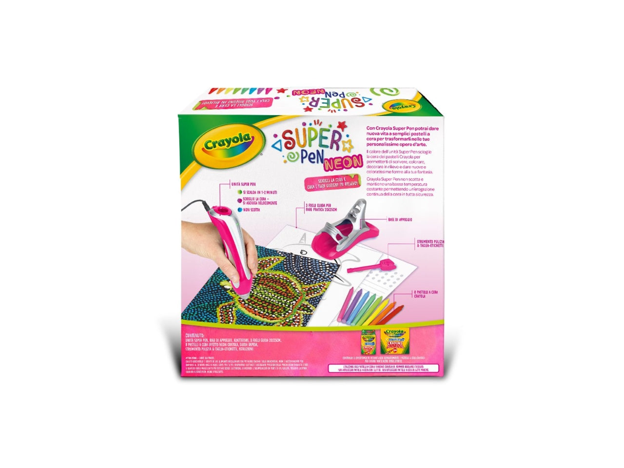 Super Pen Neon - Multicolor, 29x7,5x30 cm, 750 gr, Plastica, Certificato CE, Unisex, Età 8+, 1 Unità Super Pen, 8 Pastelli a Cera Neon, 3 Fogli Guida 20x25 cm, 1 Strumento Multifunzionale, Base di Appoggio, Adattatore, Guida Rapida, Istruzioni | Cray
