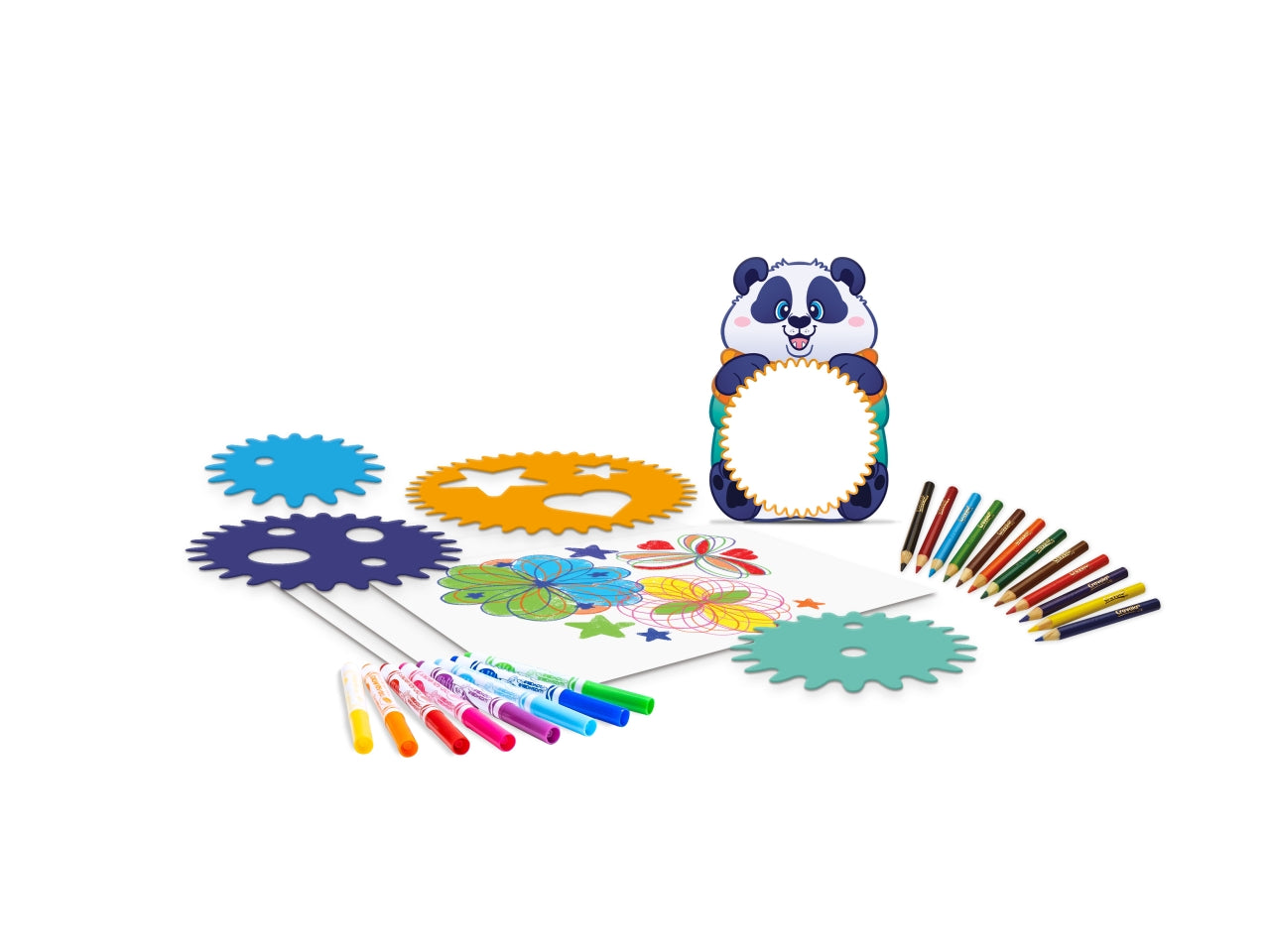 Set Spirali & Mandala - Multicolor, 26,5x5,6x20 cm, 320 gr, Carta e Plastica, Provenienza Italia, Certificato CE, Unisex, Età 5+, 12 Mini Matite Colorate, 8 Pennarelli Lavabili, 1 Animaletto Mandala con 3 Ingranaggi, 1 Ingranaggio con Stencils, 16 Fo