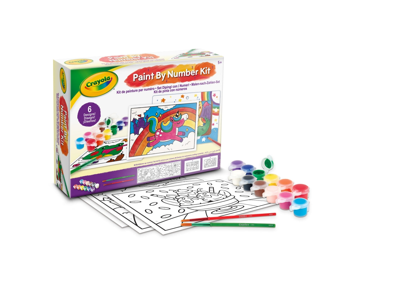Set Dipingi con i Numeri - Multicolor, 26,5x5,6x20 cm, Carta e Plastica, Provenienza Italia, Certificato CE, Unisex, Età 5+, 2 Set di Barattolini di Tempere Lavabili da 6 (12 Colori Totali), 2 Pennelli, 2 Cornici Ripiegate, 6 Modelli Colora - Crayola