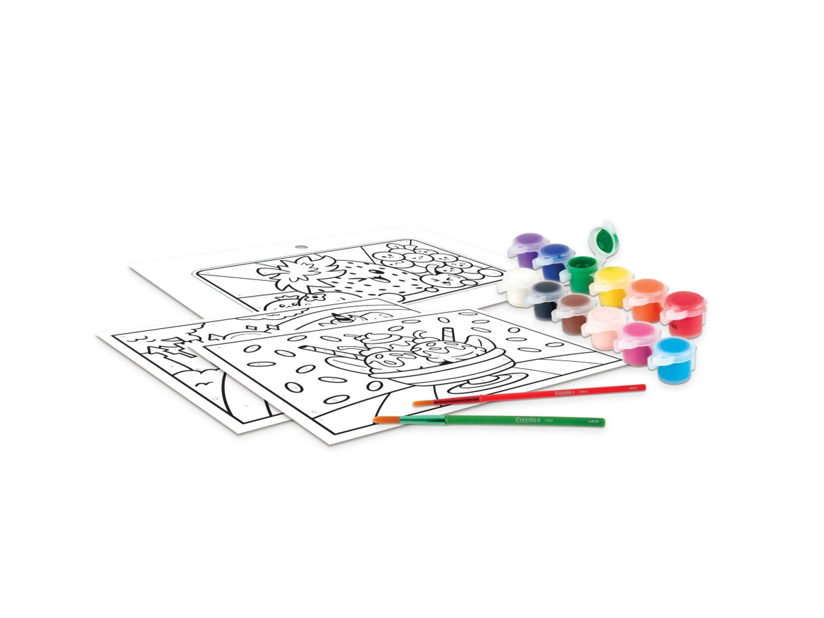Set Dipingi con i Numeri - Multicolor, 26,5x5,6x20 cm, Carta e Plastica, Provenienza Italia, Certificato CE, Unisex, Età 5+, 2 Set di Barattolini di Tempere Lavabili da 6 (12 Colori Totali), 2 Pennelli, 2 Cornici Ripiegate, 6 Modelli Colora - Crayola