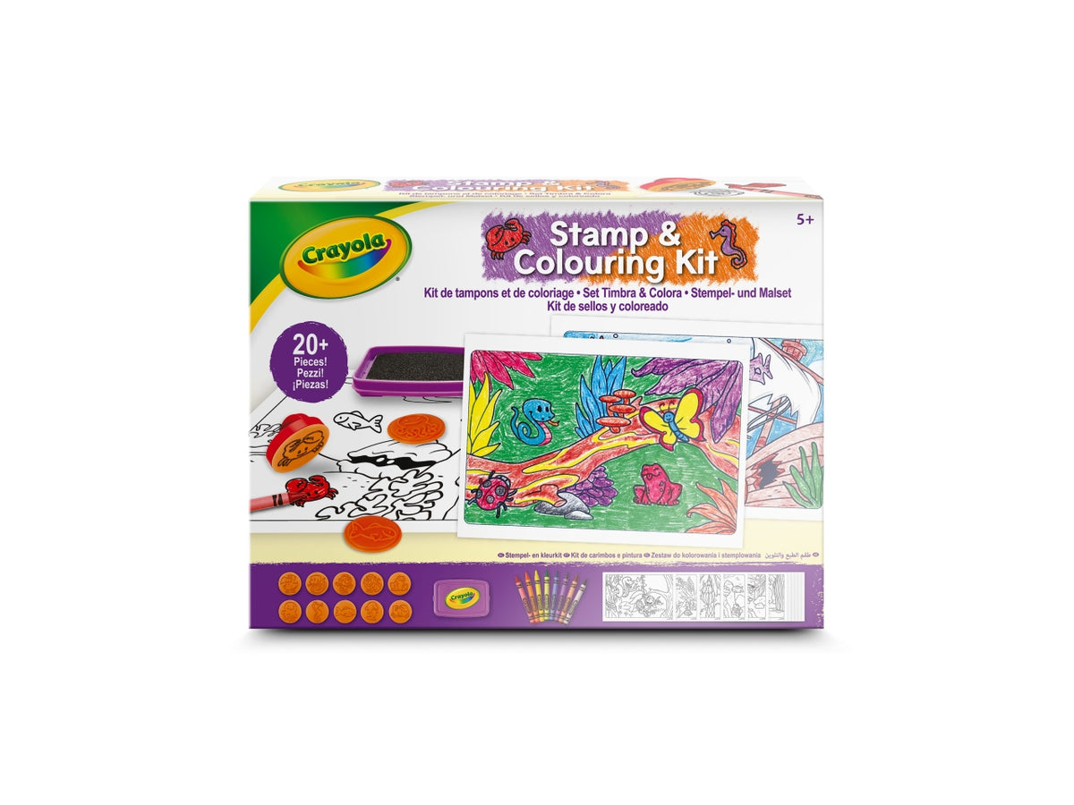 Timbra e Colora - Multicolor, 26,5x5,6x20 cm, 320 gr, Carta e Plastica, Provenienza Italia, Certificato CE, Unisex, Età 5+, 8 Pastelli a Cera, 10 Timbri a Tema Mare e Giungla, 1 Supporto per Timbro, Cuscinetto per Timbri, 16 Pagine da Colorare, Guida