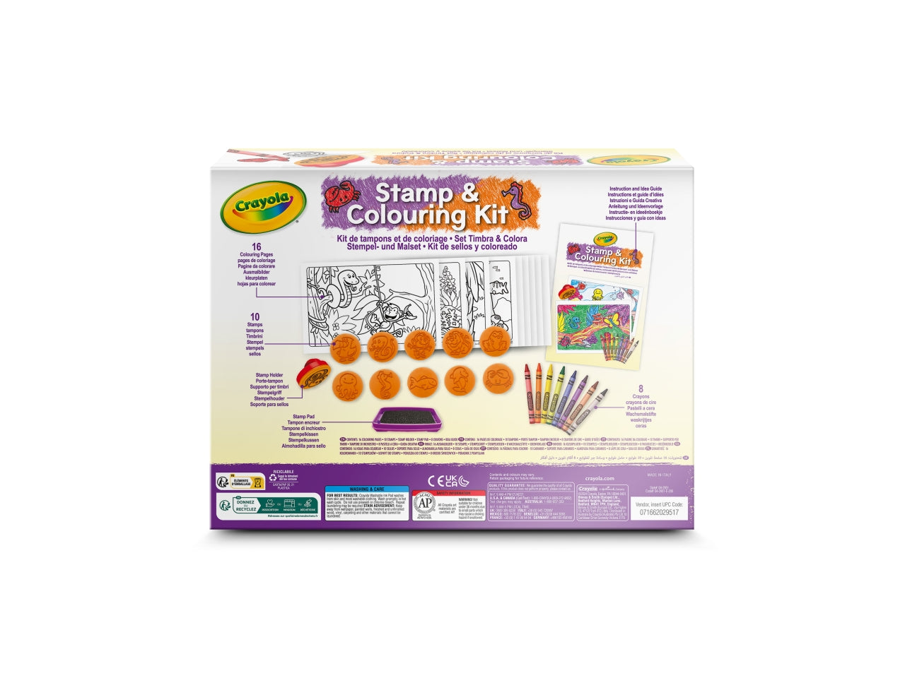 Timbra e Colora - Multicolor, 26,5x5,6x20 cm, 320 gr, Carta e Plastica, Provenienza Italia, Certificato CE, Unisex, Età 5+, 8 Pastelli a Cera, 10 Timbri a Tema Mare e Giungla, 1 Supporto per Timbro, Cuscinetto per Timbri, 16 Pagine da Colorare, Guida