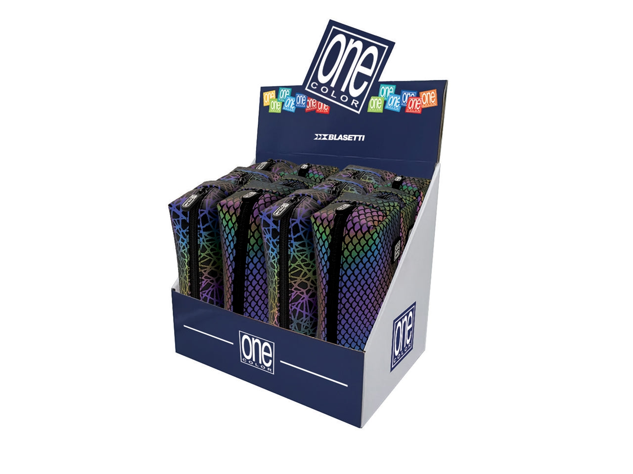 Astuccio bustina One Color prisma in tessuto a righe cangiante, con logo nero, 20x7x9cm - Blasetti