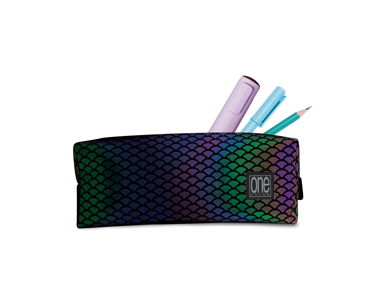 Astuccio bustina One Color prisma in tessuto a squame cangiante, con logo nero, 20x7x9cm - Blasetti