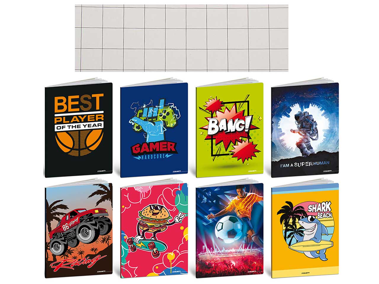 Maxi quaderno A4 80gr Kid Boy, quadretto 10M, 1°e 2° elementare, confezione da 10 pezzi assortiti, 20+1 fogli - Blasetti