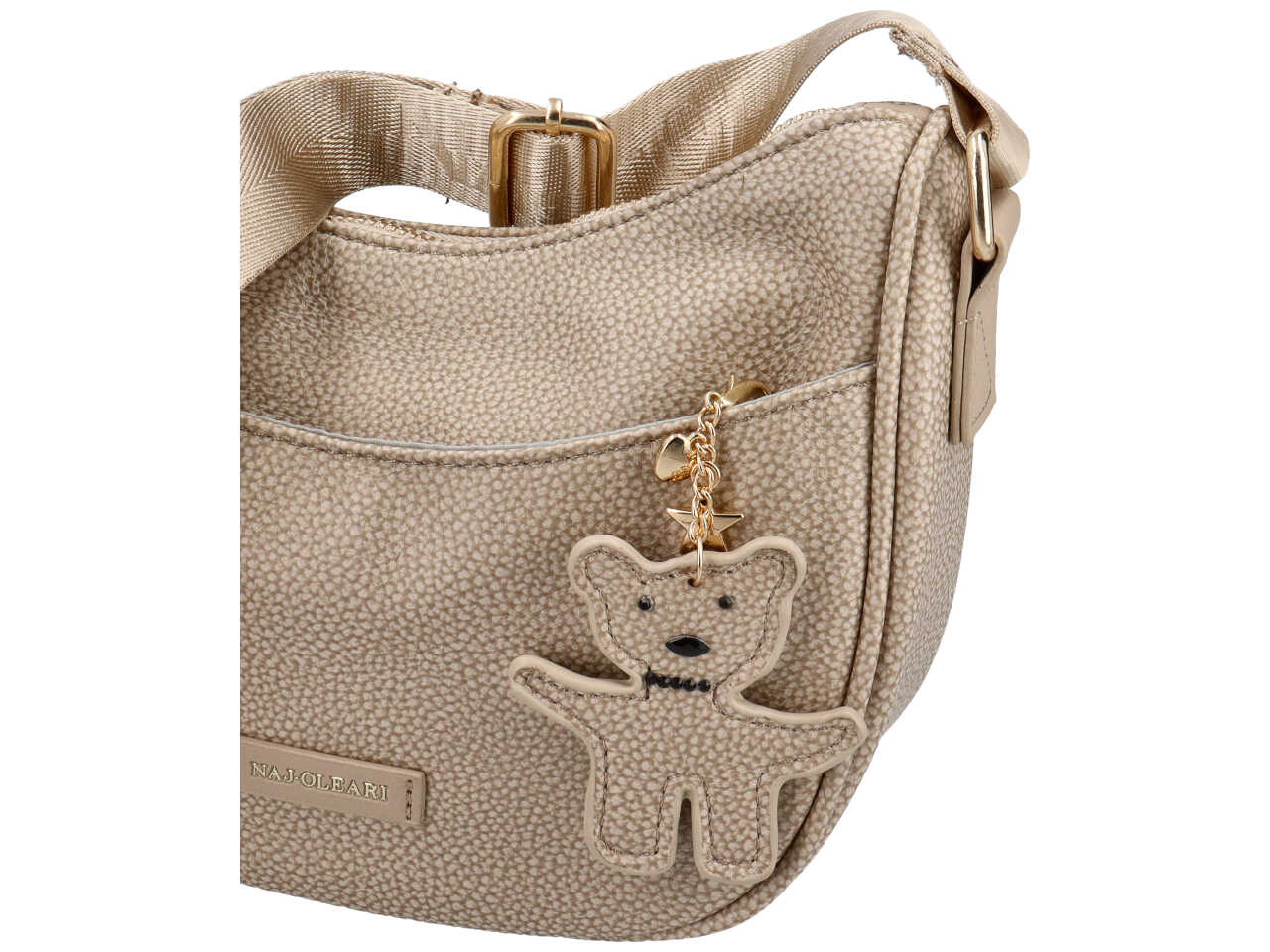 Borsa a tracolla da donna sabbia in similpelle con ciondolo orsetto, 20x24x8,5 cm - Naj Oleari $