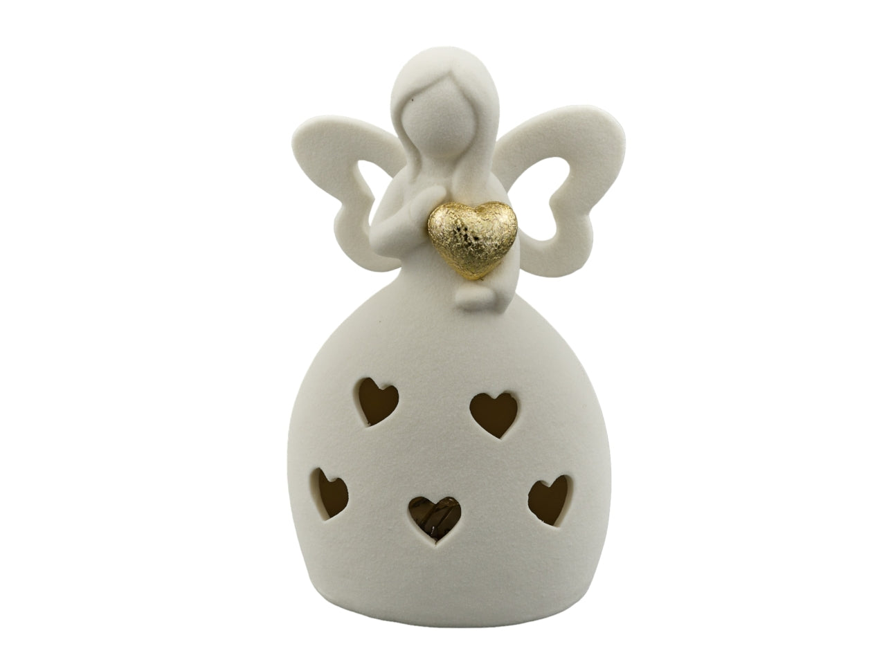 Bomboniera Angioletto Bianco con Cuore Dorato e Luce LED - Resina 11x6,5 cm, Design Italiano, Batterie Incluse