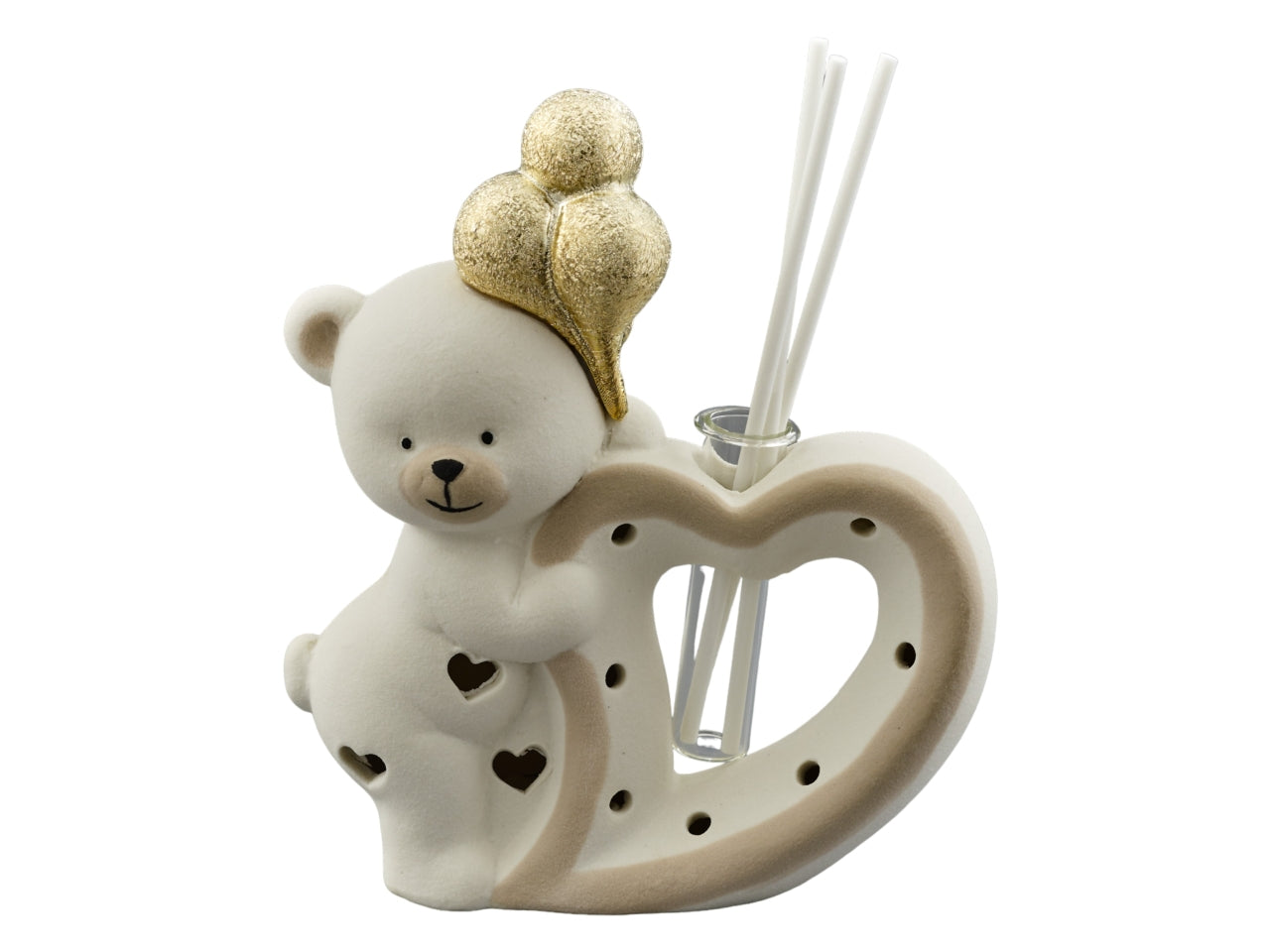 Profumatore Orsetto Cuore con LED, Melograno - Bomboniera Elegante per Nascita e Battesimo, Colore Bianco, Beige, Dorato, 12,5x5x14,5cm