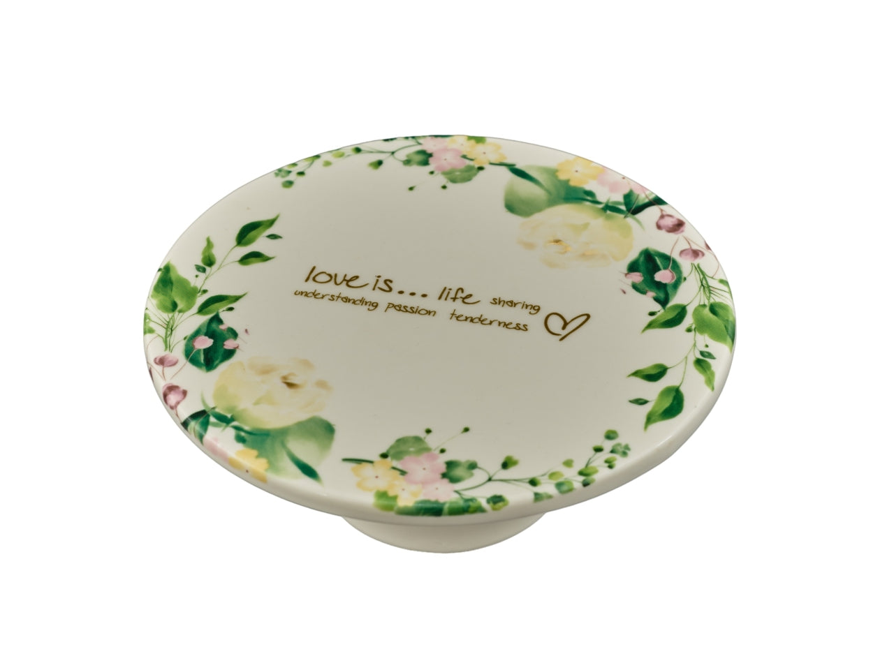 Alzata in Porcellana bianca Rosedream Stile Shabby Chic - Design Italiano, Motivo Floreale e Scritta Romantica - 18cm