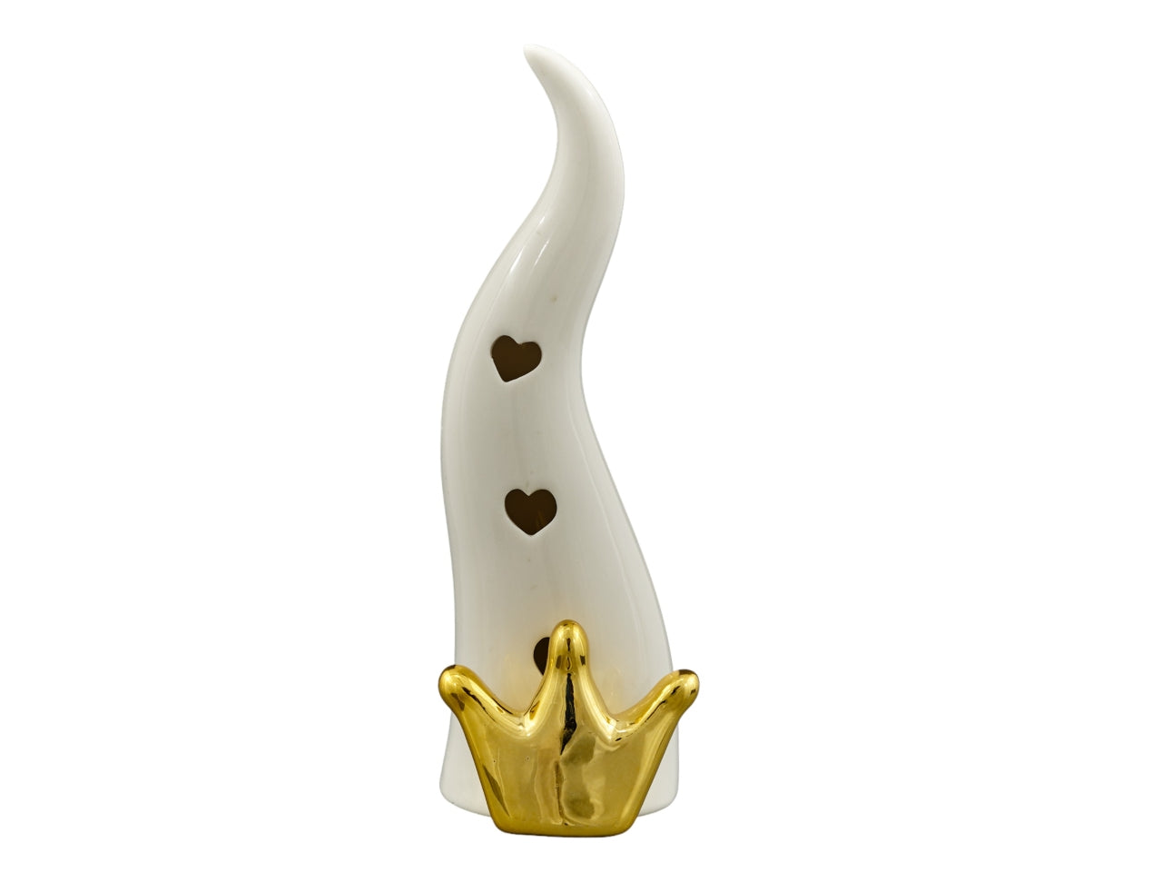 Cornetto Portafortuna Bianco e Dorato LED con Corona, 14,8 cm - Ceramica Laccata, Design Italiano Melograno, Bomboniera Elegante con Dettagli Cuoricini