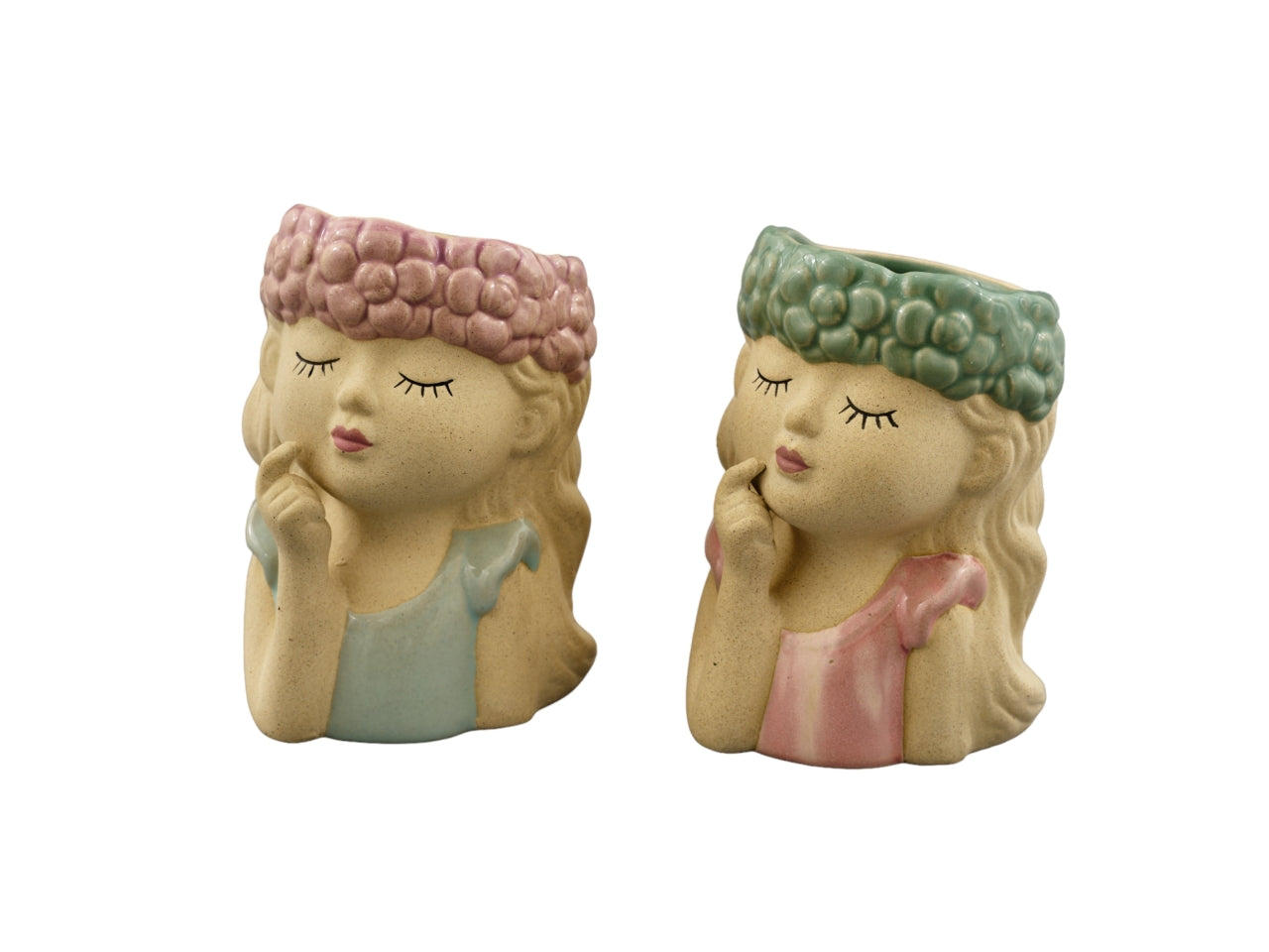 Vaso Mezzo Busto Donna in Stile Floreale - Ceramica Laccata e Ruvida, Beige con Sfumature di Rosa e Verde, Design Italiano, 7,4x7,4x10,6 cm