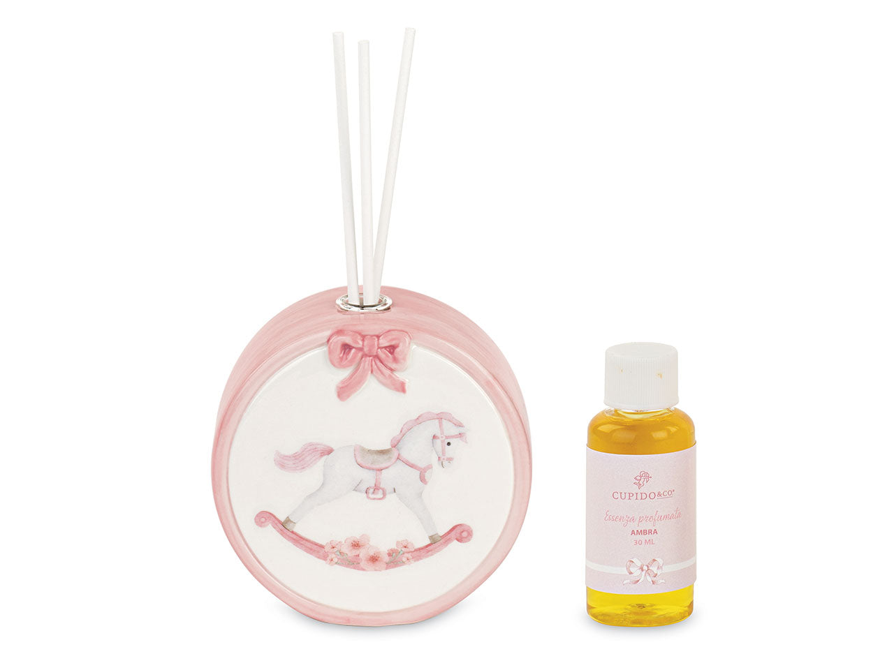 Diffusore con bacchette e decorazione cavallo rosa 30ml fragranza ambra