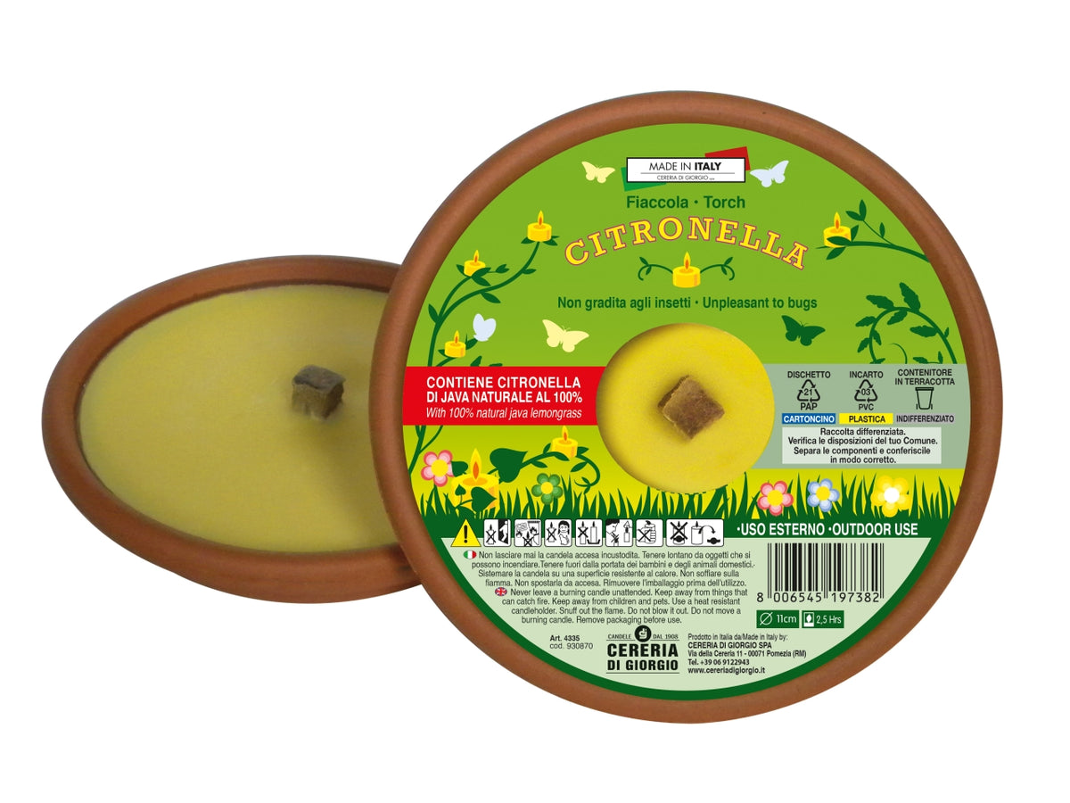 Citronella in vaso di terracotta e paraffina per uso esterno con stoppino in fibra di legno diametro 11 cm - Cereria Di Giorgio
