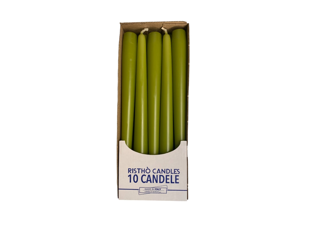 Candela conica verde oliva confezione da 10, uso interno, 25x2,2 cm, made in Italy - Cereria Di Giorgio
