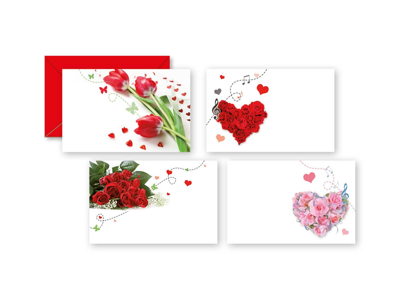 Bigliettino e busta speciale 25x4 soggetti assortiti fiori e musica colorate misura 6x8cm - la confezione comprende 100 buste e 100 bigliettini
