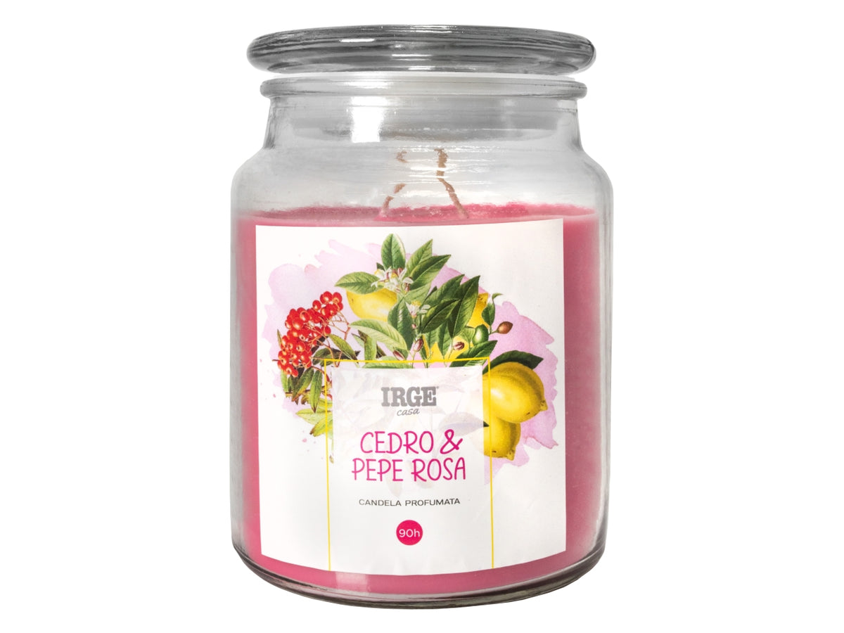 Candela barattolo in vetro con coperchio 510gr cedro e pepe rosa