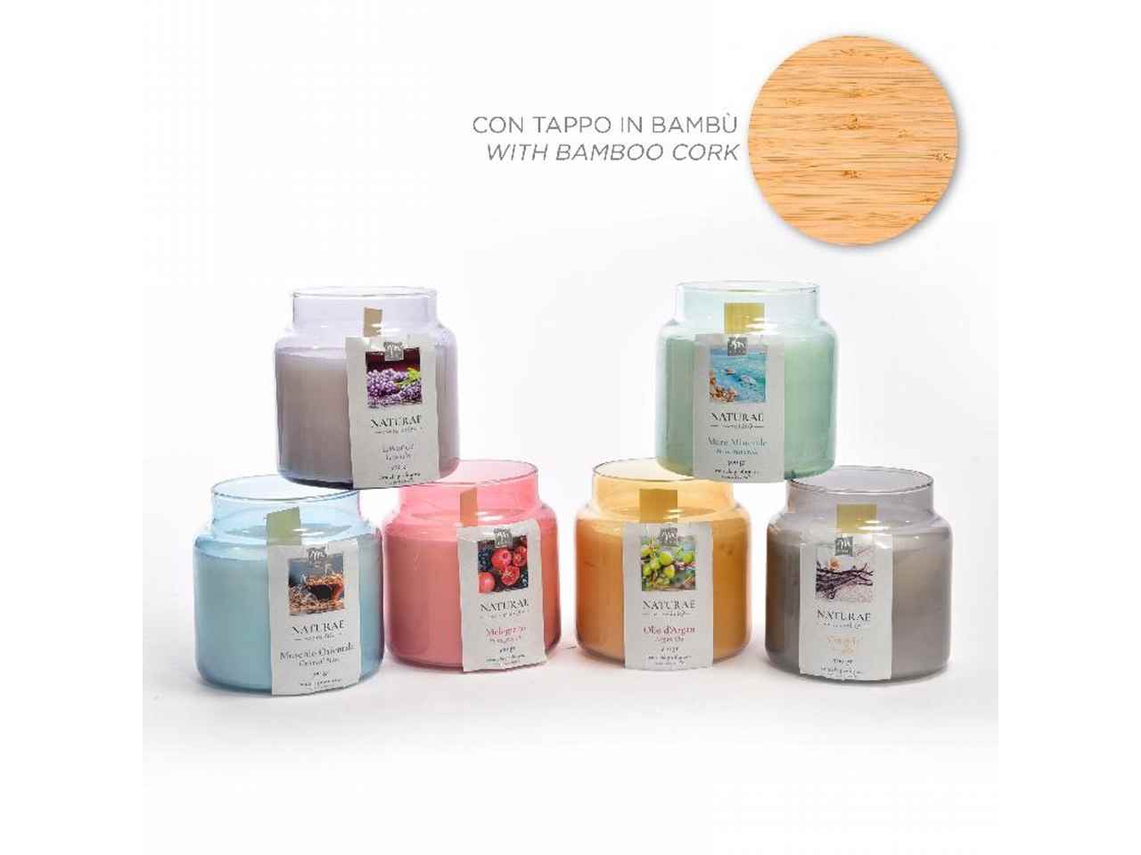 Candela in barattolo con tappo in legno 500gr misura d.10xh.11cm in colori e fragranze assortite