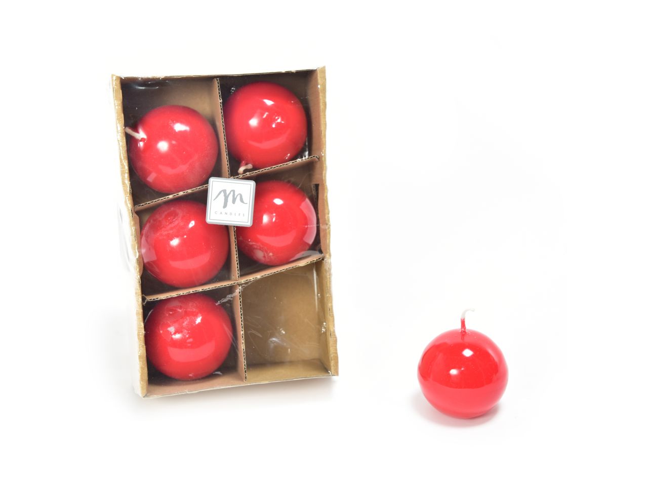 Candela sfera in cera lucide rosse d.4,5cm set da 6 candele