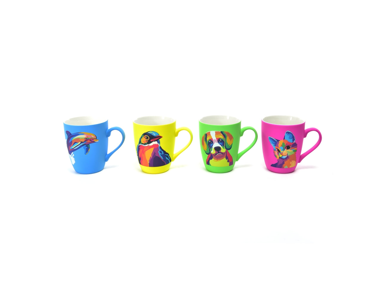 Tazza mug colazione in porcellana floccata illustrazione pop art animali, stile moderno in 4 colori assortiti - 8,5x10,2 cm - Mercury
