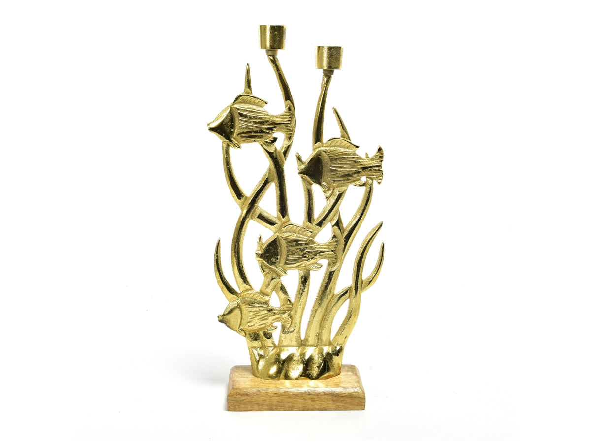 Portacandela corallo a due fuochi in alluminio oro e legno stile marinaro 43x20x8 cm - Mercury
