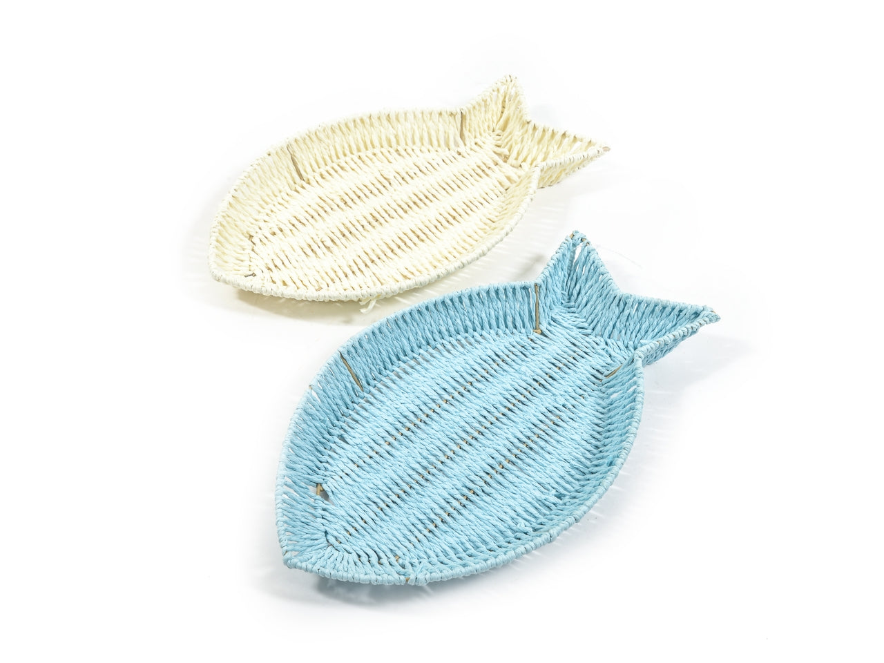 Cestino pesce in carta intrecciata stile marinaro panna e celeste 42x24,5x4 cm - Mercury