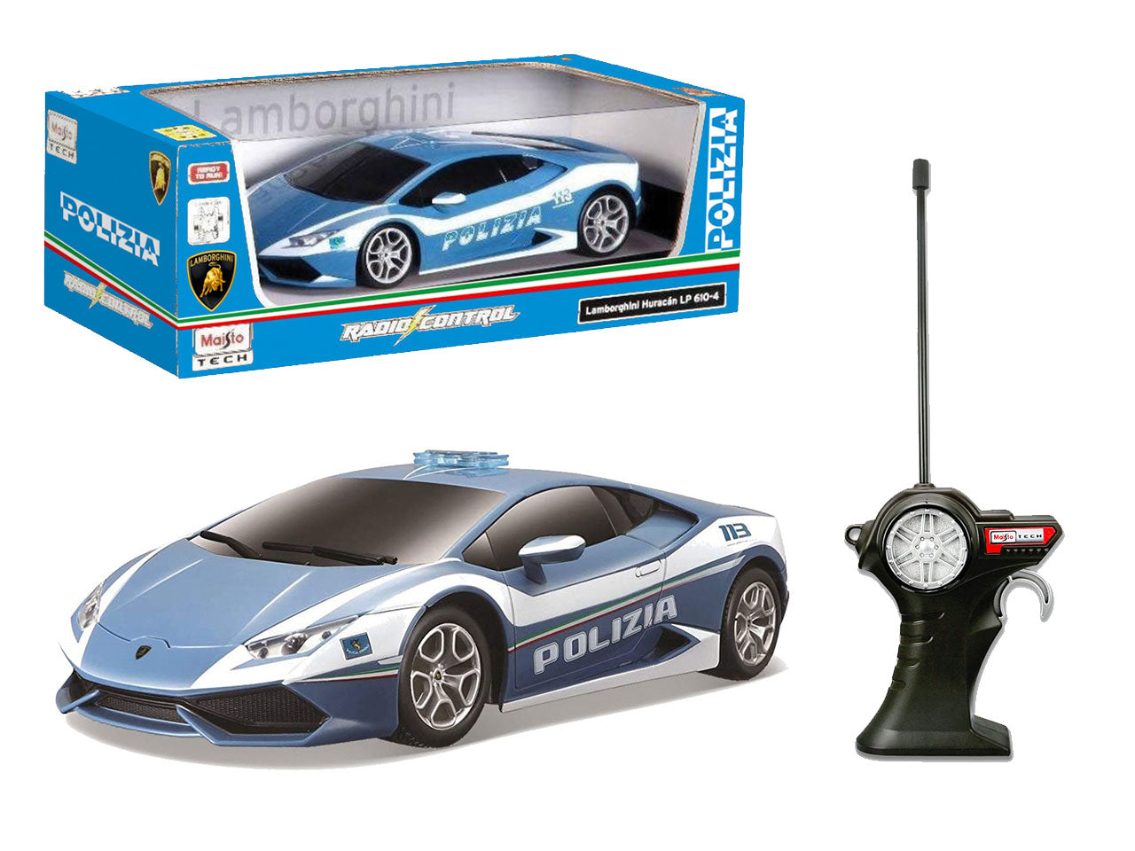 Auto Radiocomandata Lamborghini Huracan Polizia - Scala 1:24: Die-cast Azzurra e Bianca, Licenza Ufficiale Lamborghini, Full Function, Dettagli Realistici, Dimensioni 11,1x13,3x26,7 cm, Età 8+ | Maisto Tech