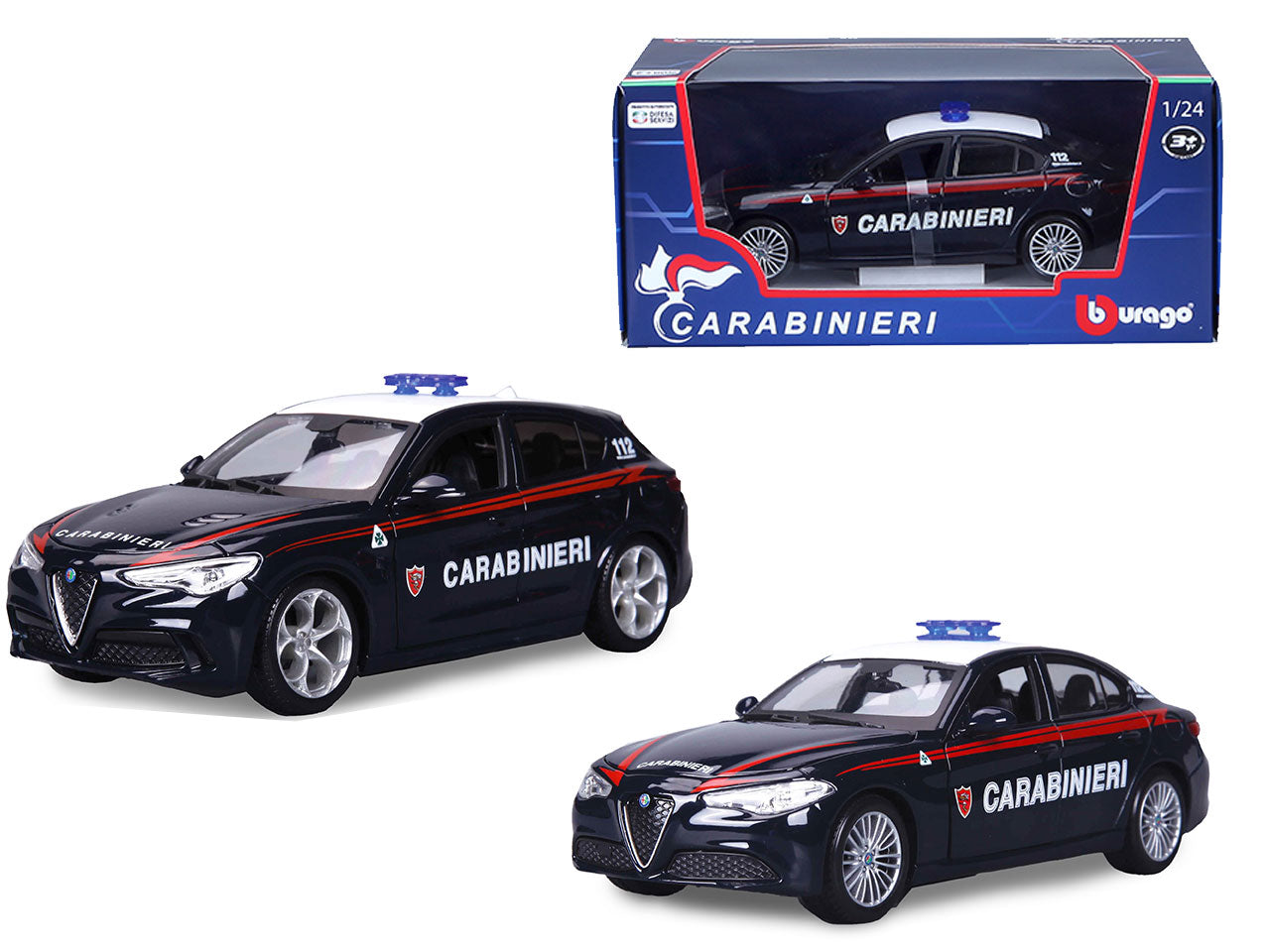 Bburago modellino auto Alfa Romeo Giulietta Stelvio Giulia dei Carabinieri 1:24