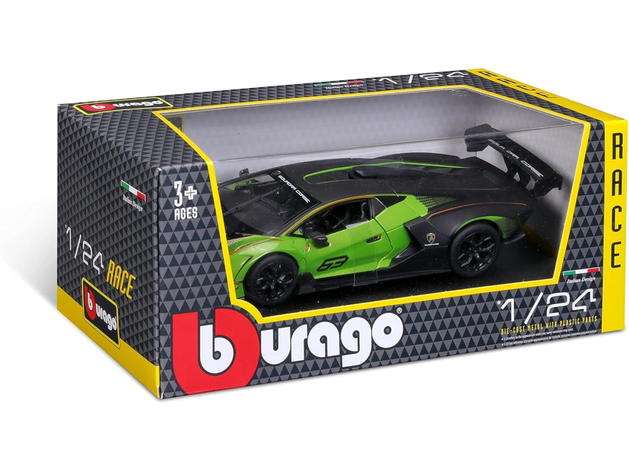 Modellino Auto Lamborghini Essenza SCV12 Race - Scala 1:24: Die-cast Verde e Nero, Licenza Ufficiale Lamborghini, Dettagli Realistici, Dimensioni 10,2x12,45x24,2 cm, Età 3+ | Bburago