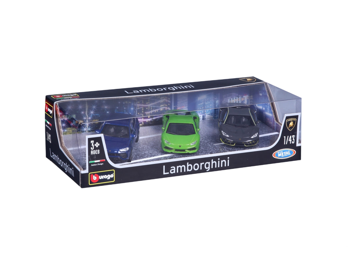 Modellino Auto Lamborghini - Scala 1:43: Die-cast, Colori Assortiti, Licenza Ufficiale Lamborghini, Confezione Regalo con 3 Auto Assortite, Dimensioni 7,5x12,1x27,5 cm, Età 3+ | Bburago