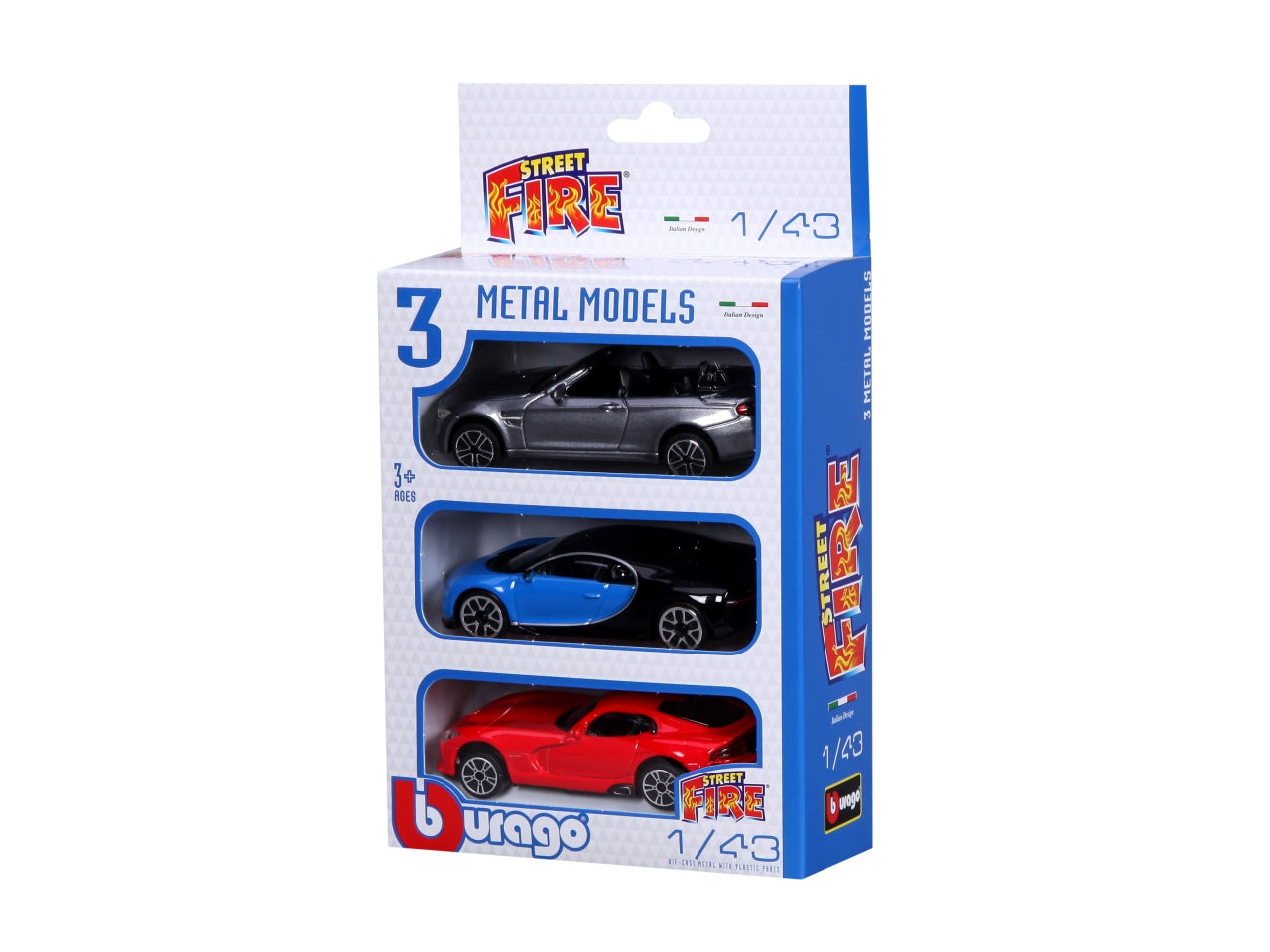 Modellino Auto Street Fire 3-Pack Edition - Scala 1:43: Die-cast, Licenze Ufficiali, Modelli Assortiti, Dimensioni 17,25x5,7x13,35 cm, Confezione con 3 Auto, Età 3+ | Bburago