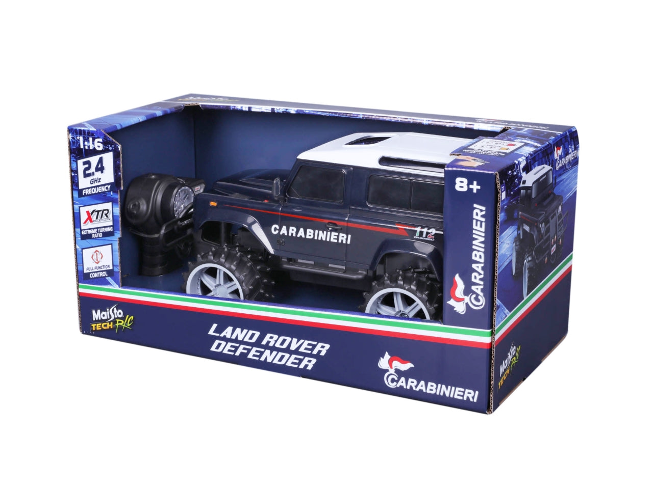 Auto Radiocomandata Land Rover Defender con Luci 2,4GHz Carabinieri/Polizia/Vigili del Fuoco - Scala 1:16 Modelli Assortiti: Die-cast Blu e Bianco, Azzurro e Bianco, Dettagli Realistici, Dimensioni 19,1x19,1x39,4 cm, Età 8+ | Maisto Tech