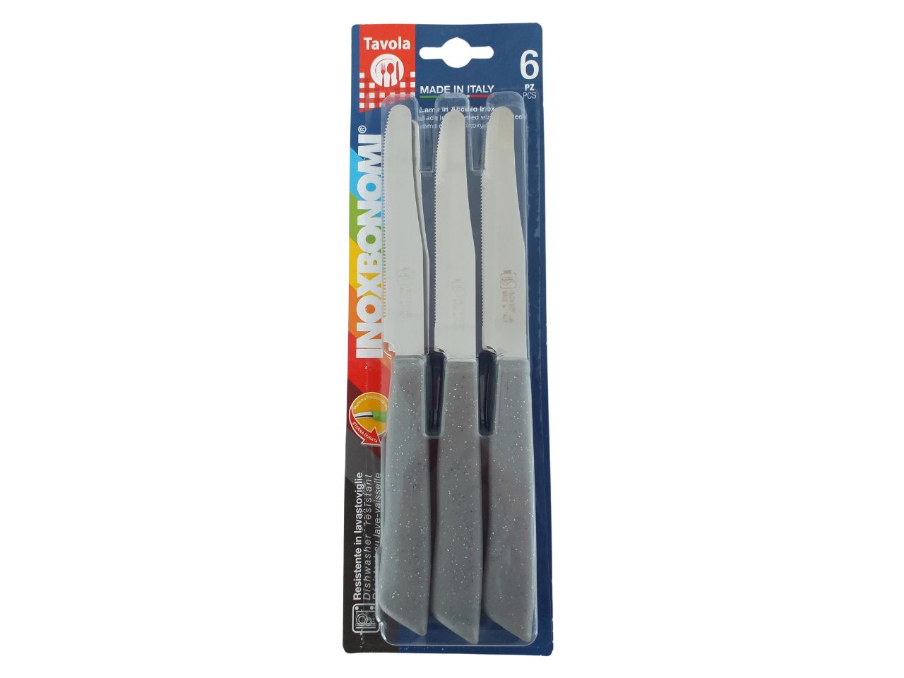 Set 6 coltelli da tavola colore grigio pietra con lama in acciaio inossidabile e manico in plastica Inoxbonomi