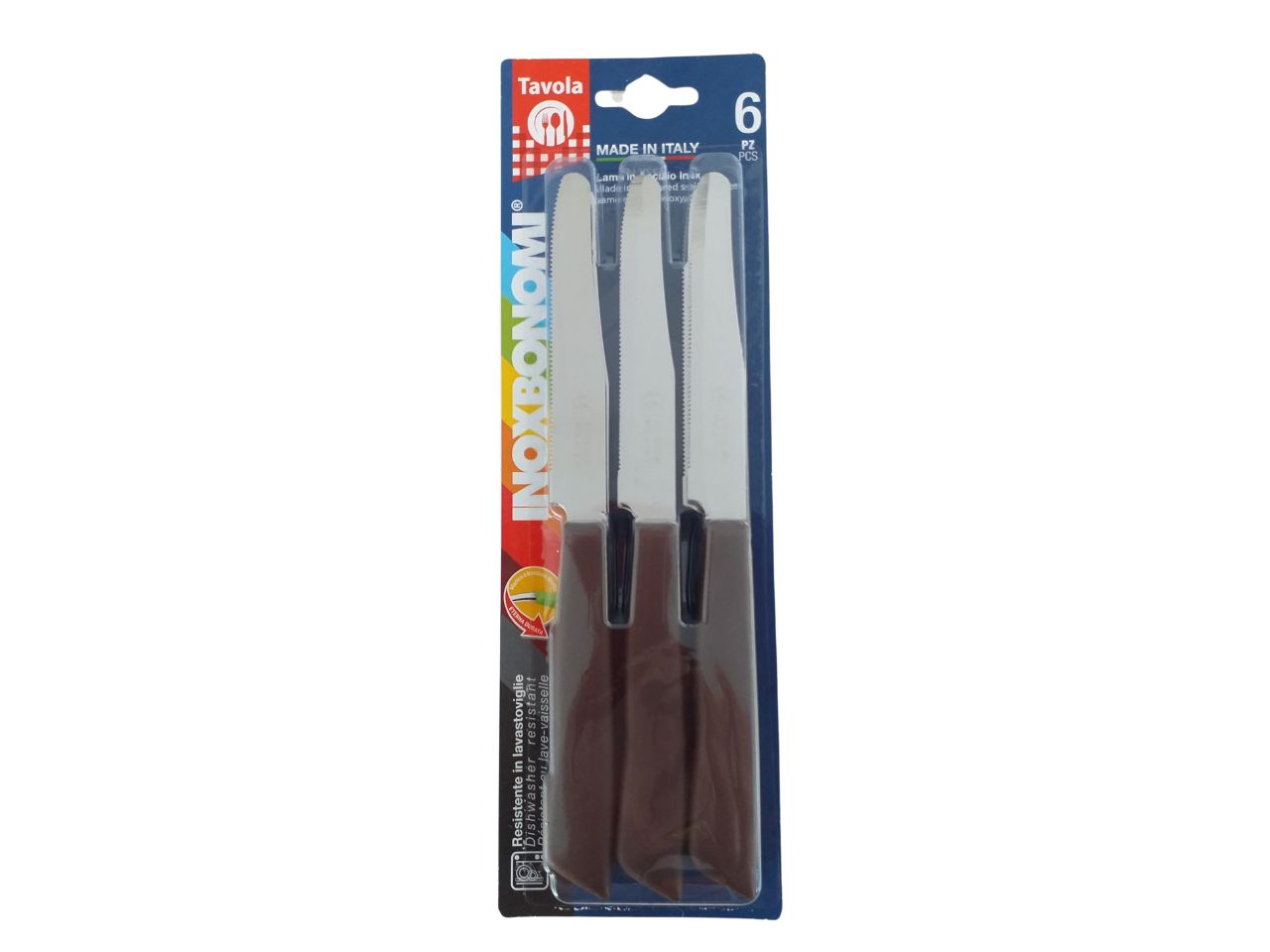Set 6 coltelli da tavola marrone con lama in acciaio inossidabile e manico in plastica - Inoxbonomi