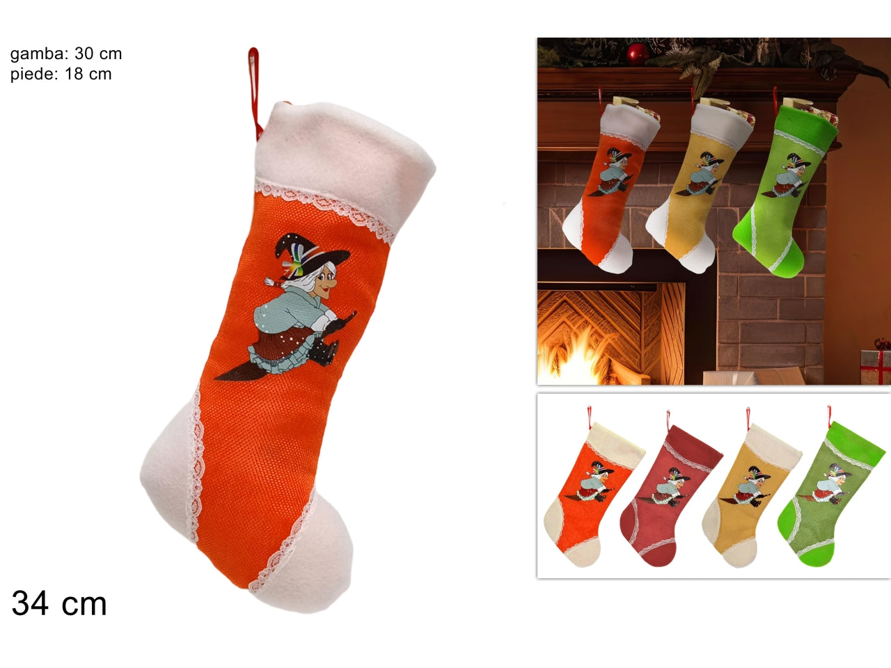 Calze befana in jut in 4 colori assortiti misura 34cm