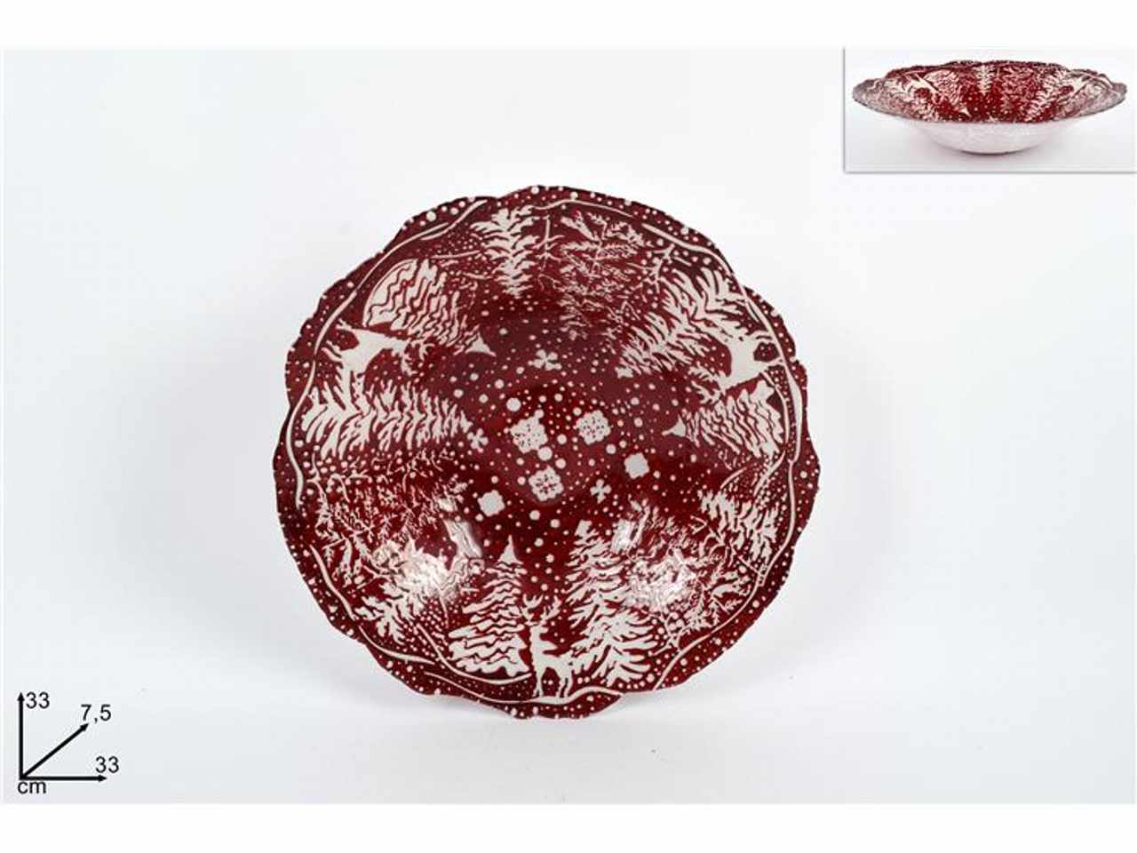 Centrotavola vetro natalizio 33cm rosso decoro bianco