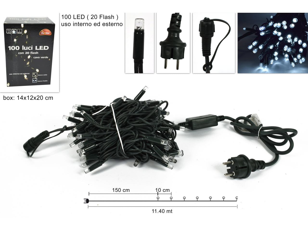 Luccioloni 100 led 20 led flash bianco freddo prolungabile filo nero le