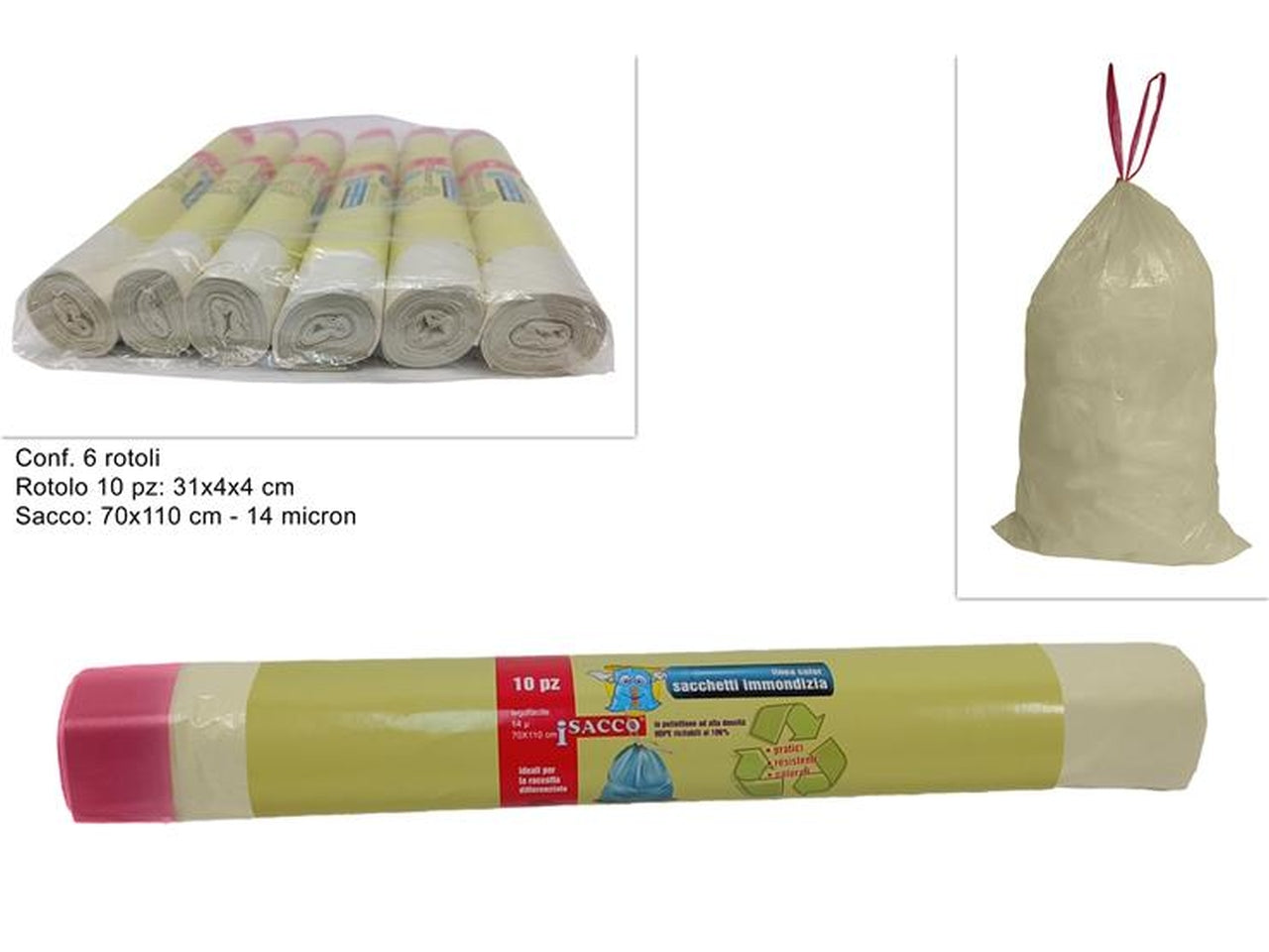 Sacchi rifiuti legafacile in plastica giallo paglierino, confezione da 10 - 70x110 cm - Due Esse