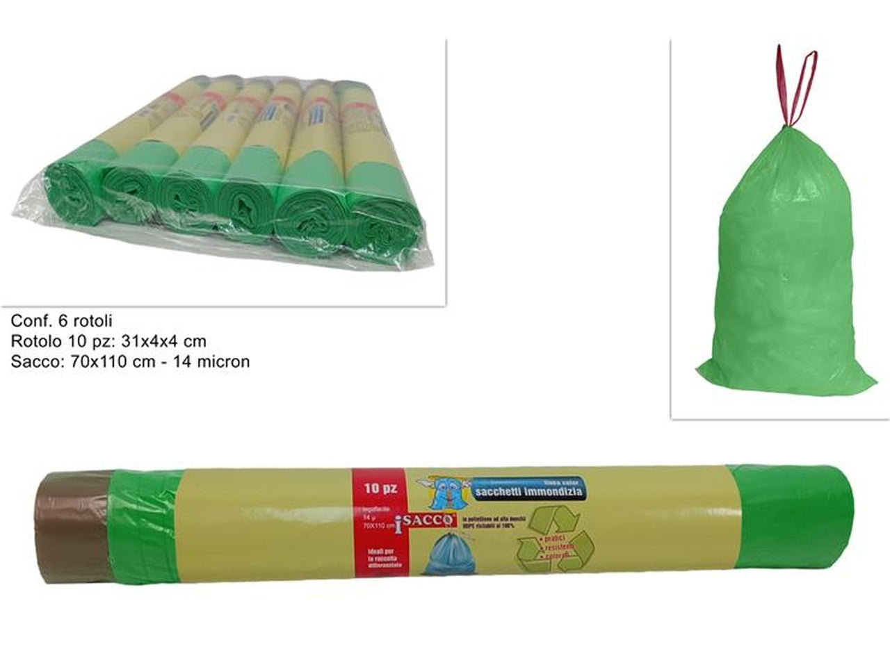 Sacchi rifiuti legafacile in plastica verde, confezione da 10 - 70x110 cm - Due Esse