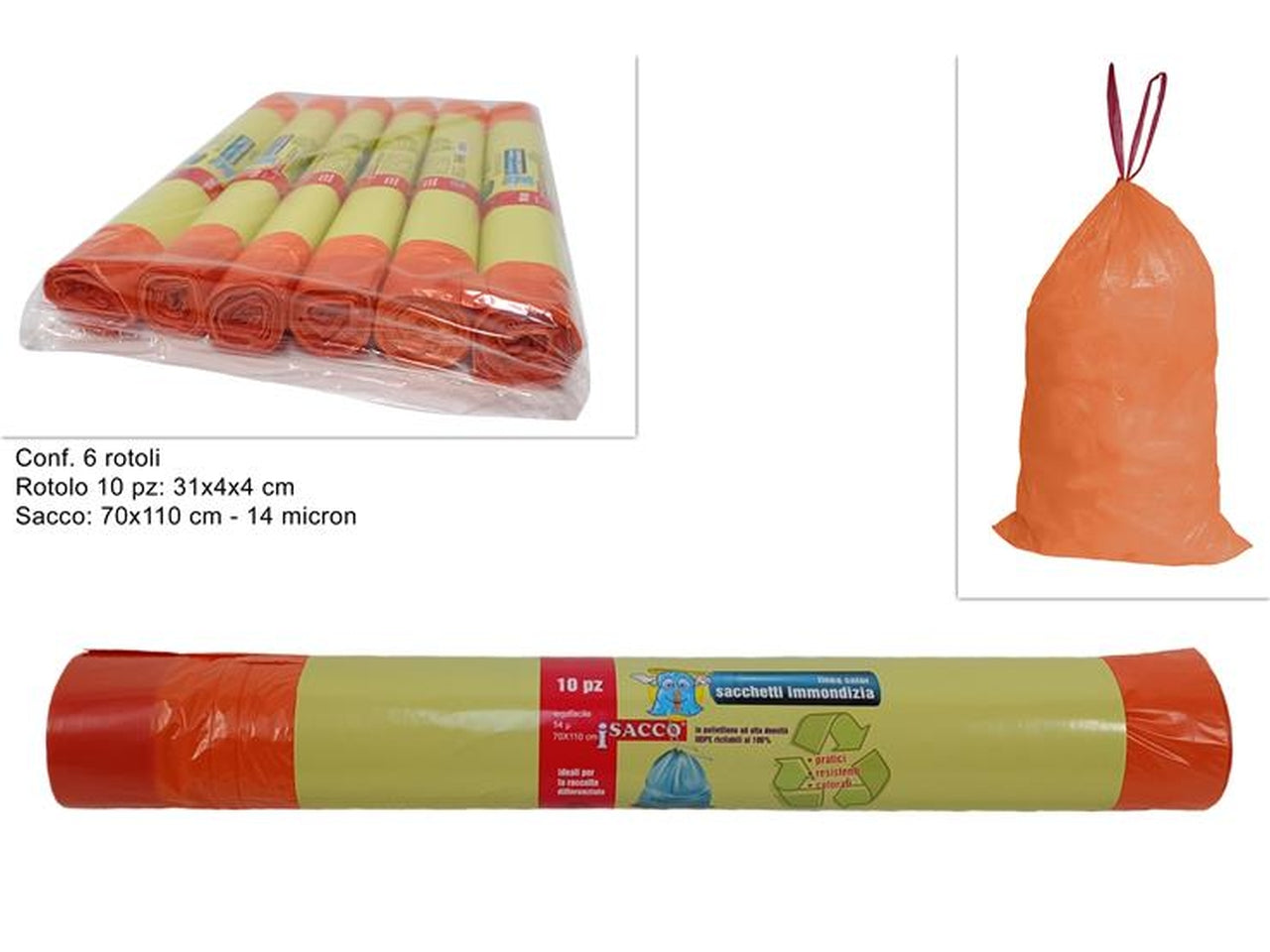 Sacchi rifiuti legafacile in plastica arancione, confezione da 10 - 70x110cm - Due Esse