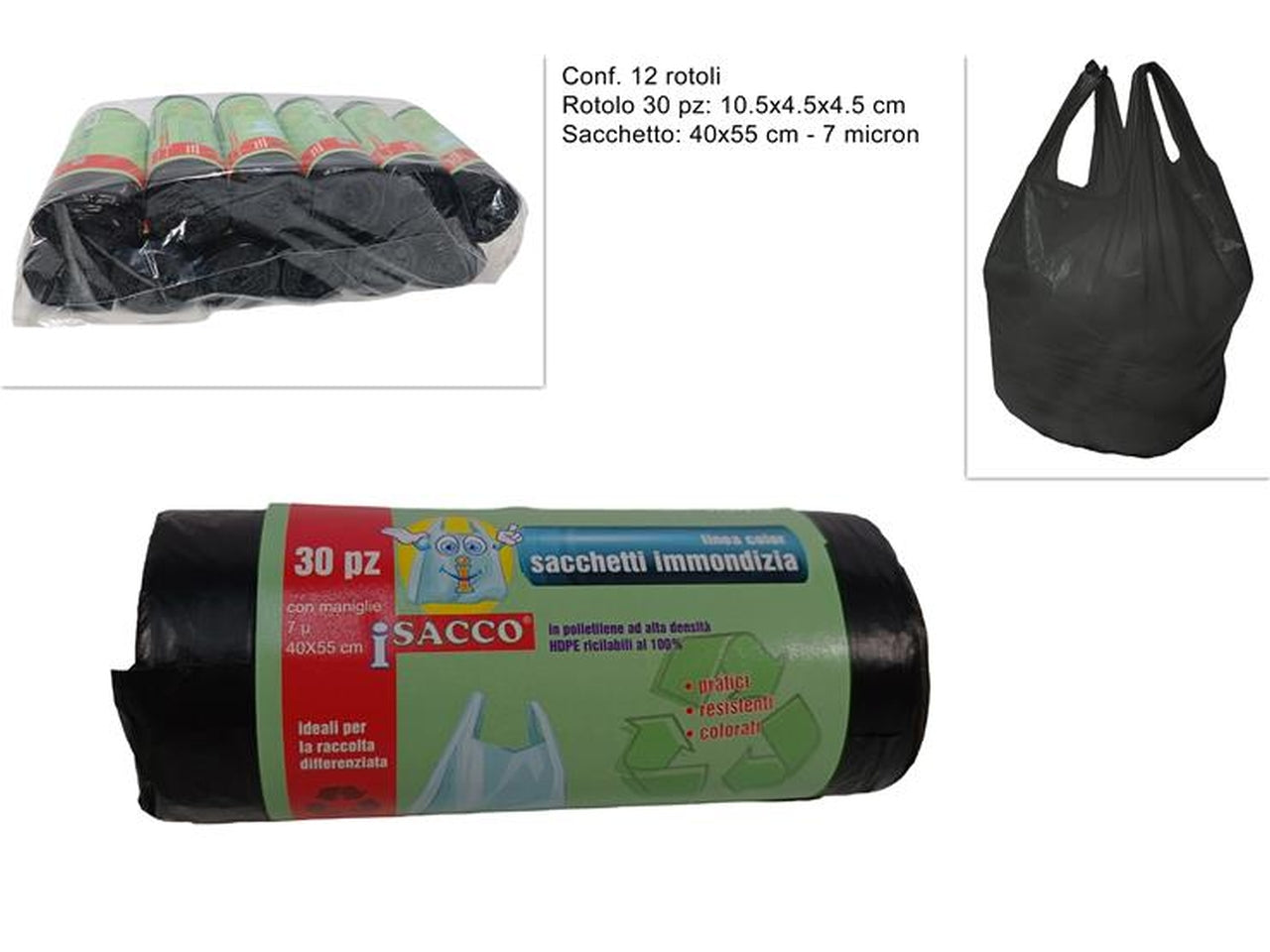 Sacchetti rifiuti con maniglie 40x55cm nero - il rotolo è composto da 30 sacchetti