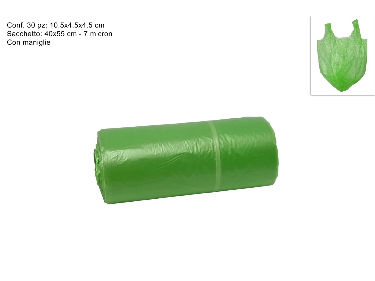 Sacchetti rifiuti con maniglie 40x55cm verde - il rotolo è composto da 30 sacchetti