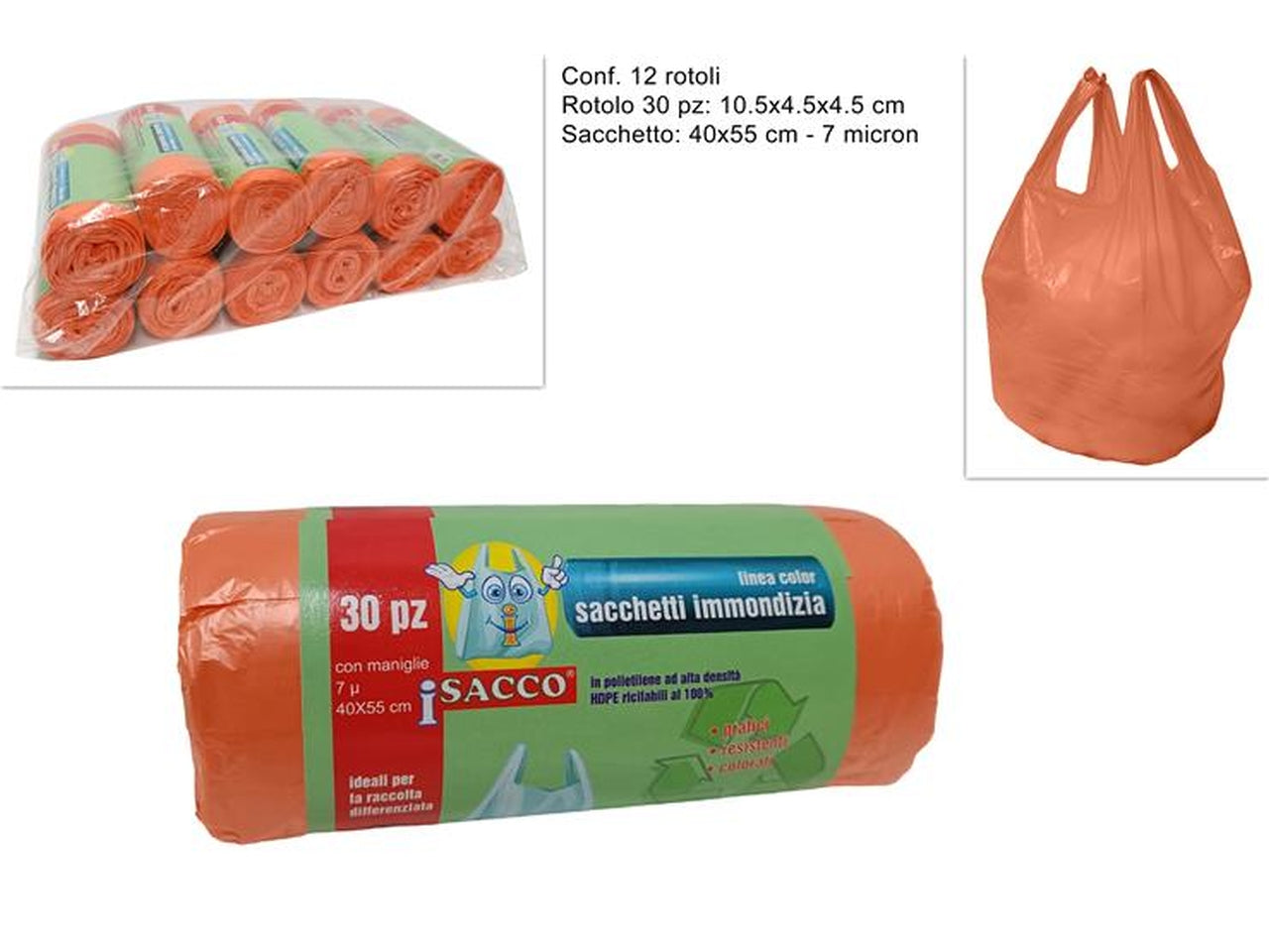 Sacchetti rifiuti con maniglie 40x55cm arancione - il rotolo è composto da 30 sacchetti