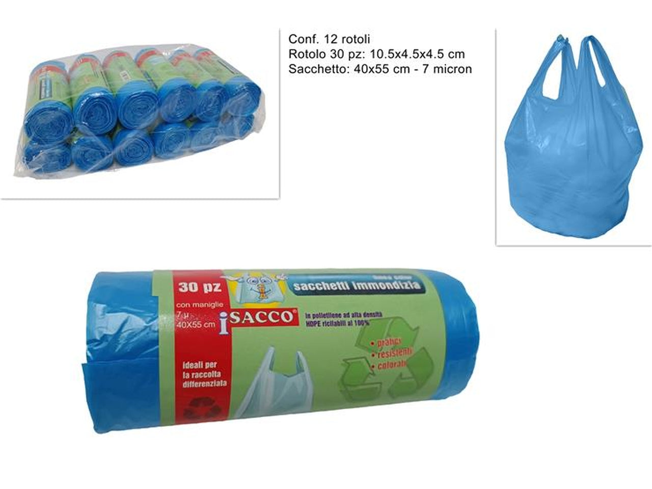 Sacchetti rifiuti con maniglie 40x55cm blu - il rotolo è composto da 30 sacchetti