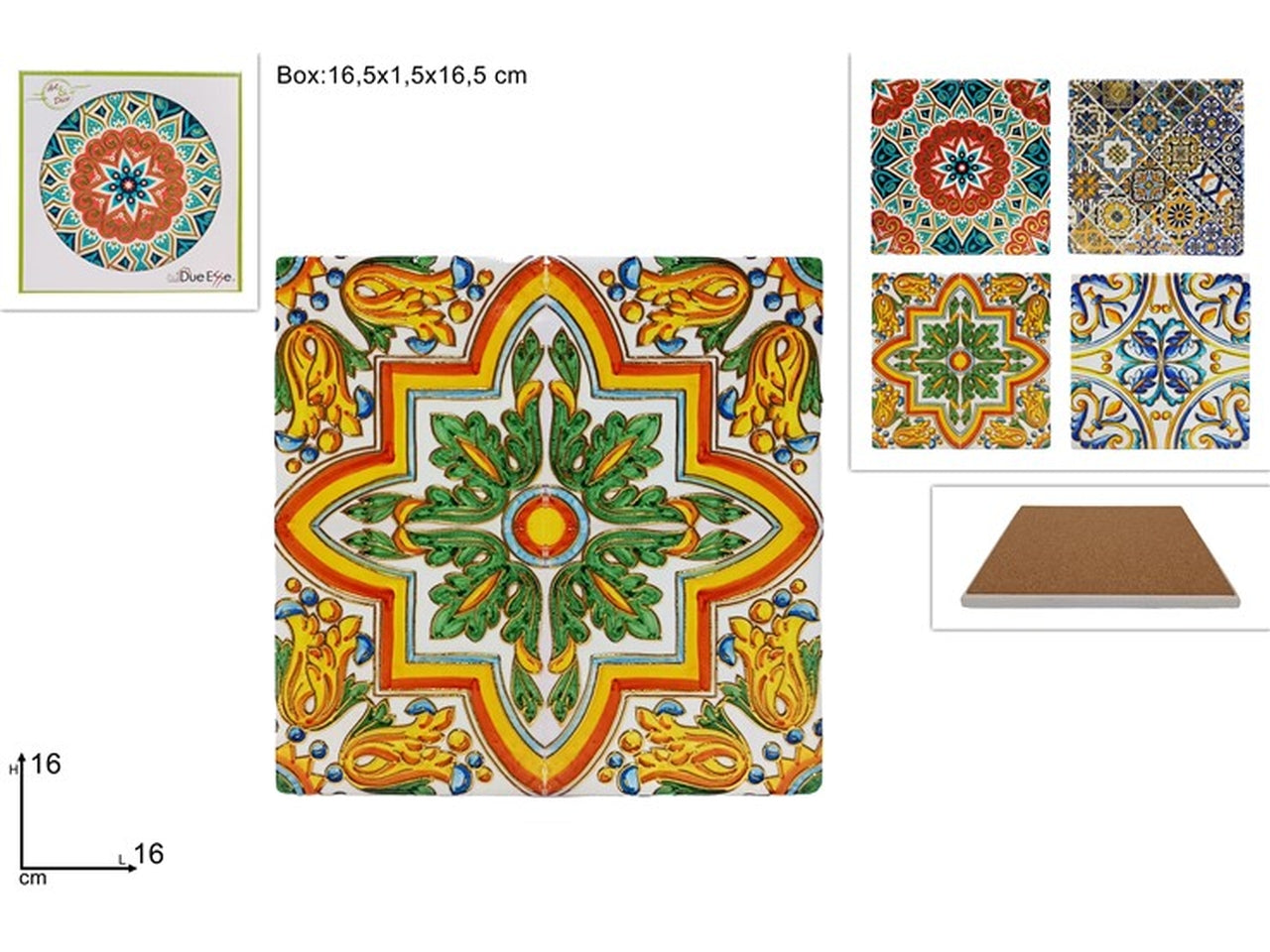 Sotto pentola quadrato ceramica e sughero stile mediterraneo multicolor 16 cm - Due Esse