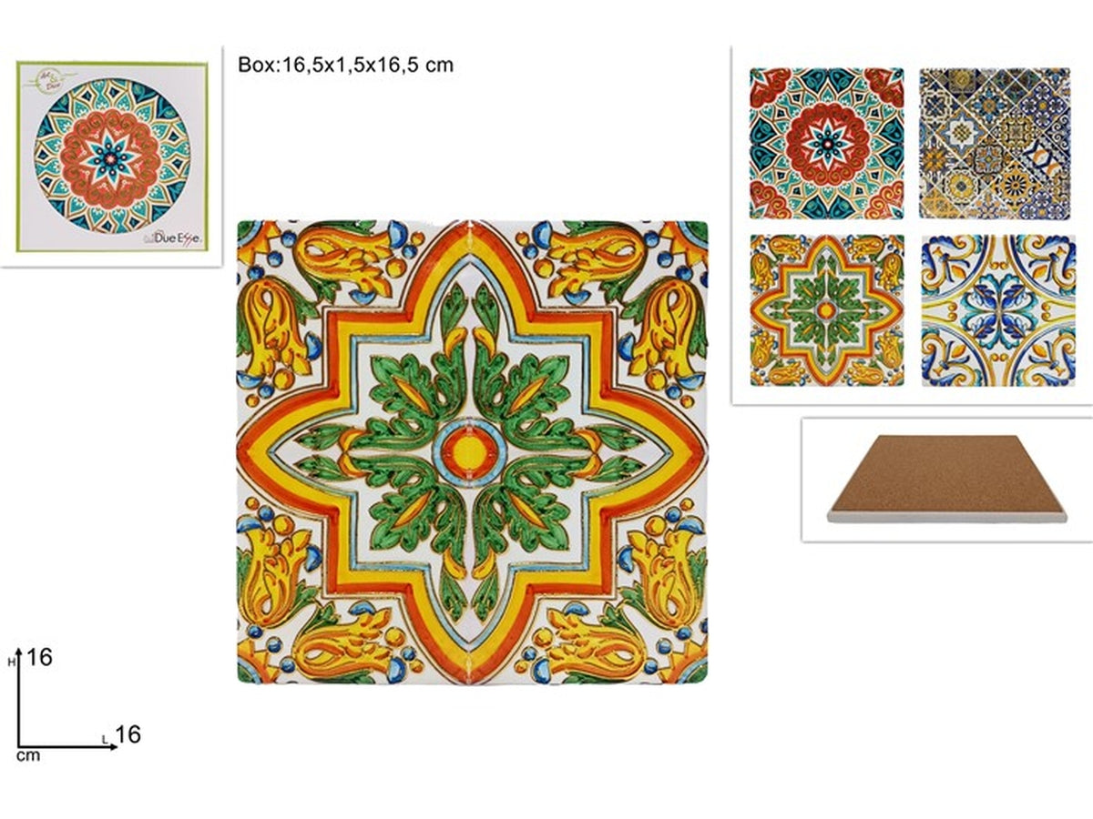 Sotto pentola quadrato ceramica e sughero stile mediterraneo multicolor 16 cm - Due Esse