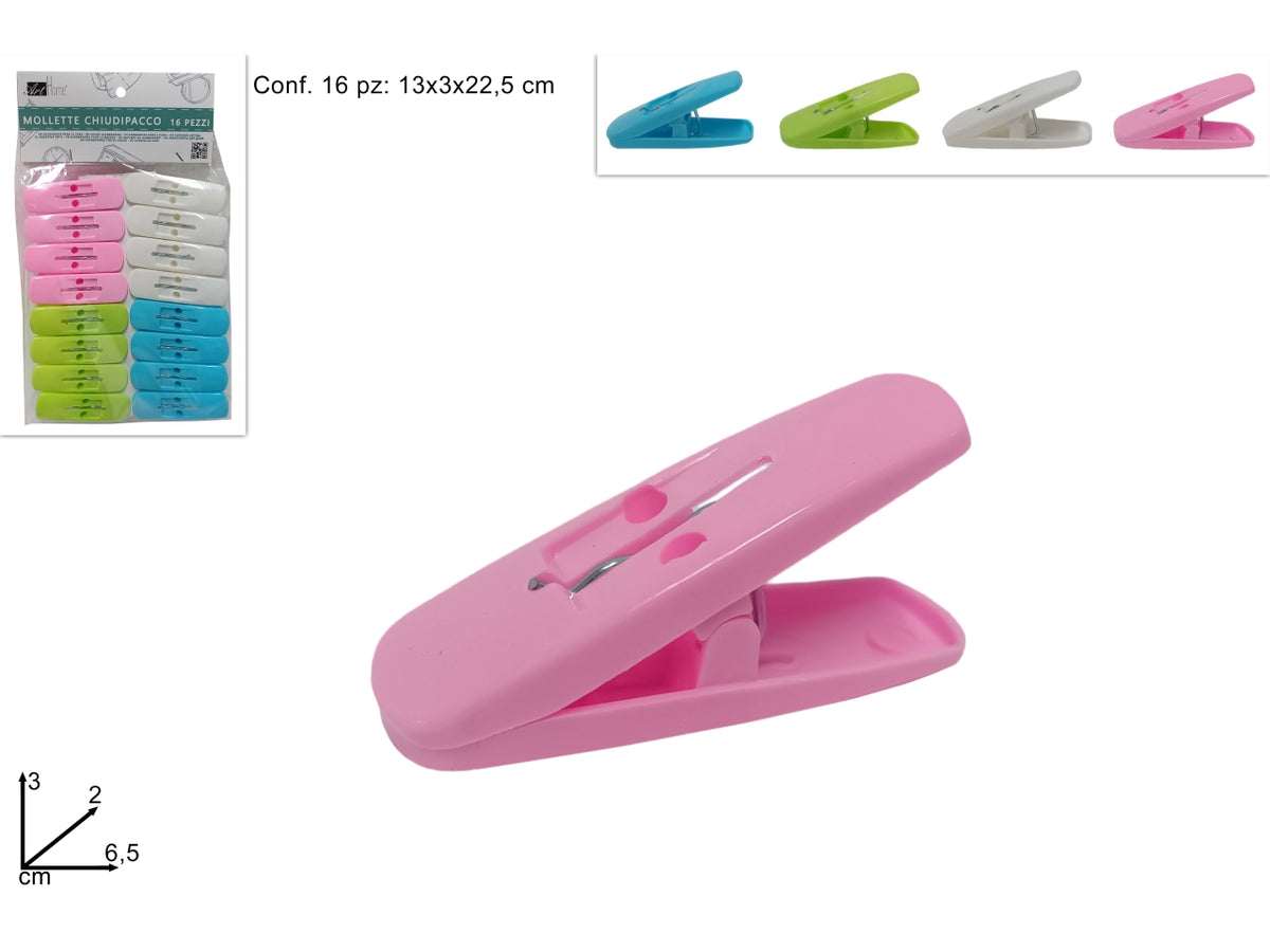 Set di 16 mollette in plastica chiudipacco, assortite in 4 colori - Due Esse